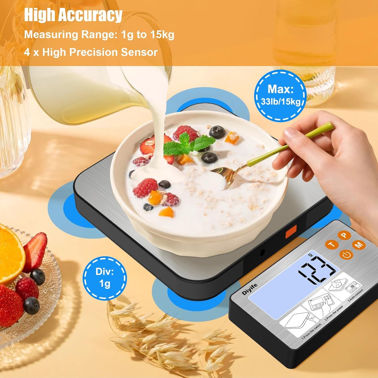 33lb Food Scale with Split Display, Diyife Digital Kitchen Scales, 1g/0.1oz Precise Graduation, 304 Stainless Steel Platform, Backlit LCD, for Cooking, Meal Prep