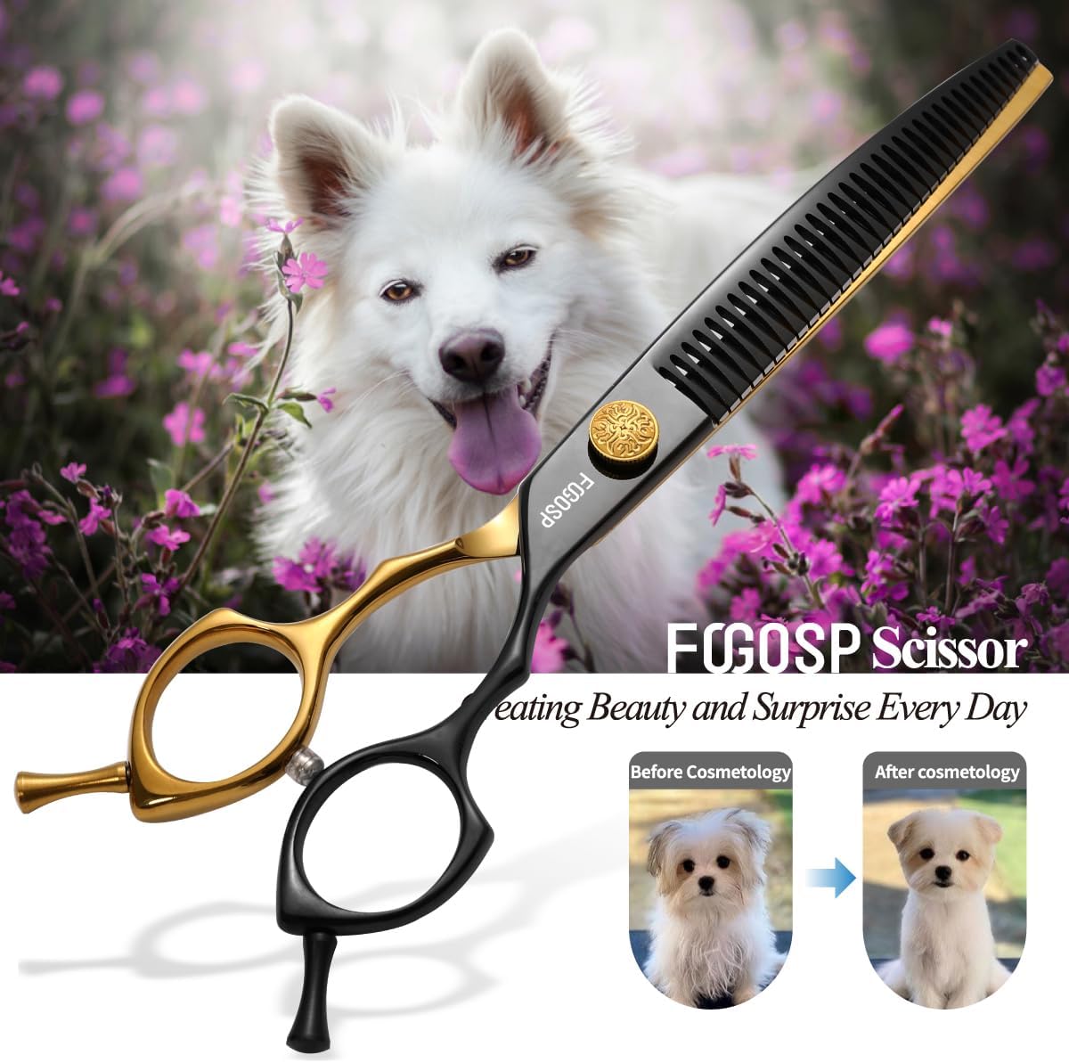 Professional Curved Chunkers Shears Dog Grooming 7.5'' Black & Gold Curved Thinning Dog Grooming Scissors for Large Dogs Pet 35 Teeth Japan 440C(Curved Chunkers,Black Gold)