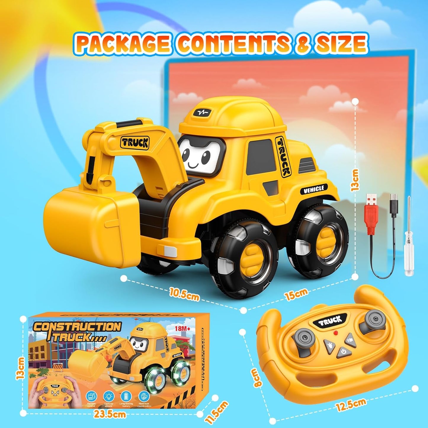 Toddler Toys Remote Control Car with Flashing Light Wheels & USB Rechargeable Construction Toys Excavator Truck for Toddlers Aged 2 3 4 5 6,Easter Basket Stuffers Gifts for Toddler Boys Girls