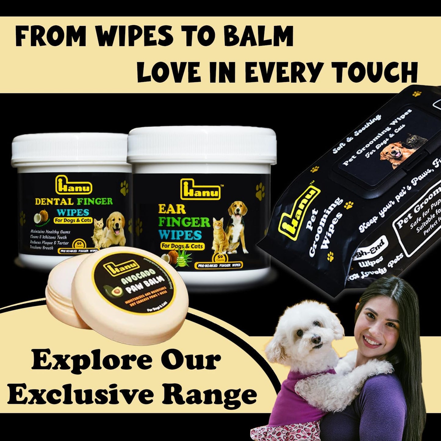 Hanu Pet Grooming Wipes for Dogs and Cats, Hypoallergenic, Cleans Tear Stains, Itching Relief, for face,Paws, Body and Butt, Peach Oolong
