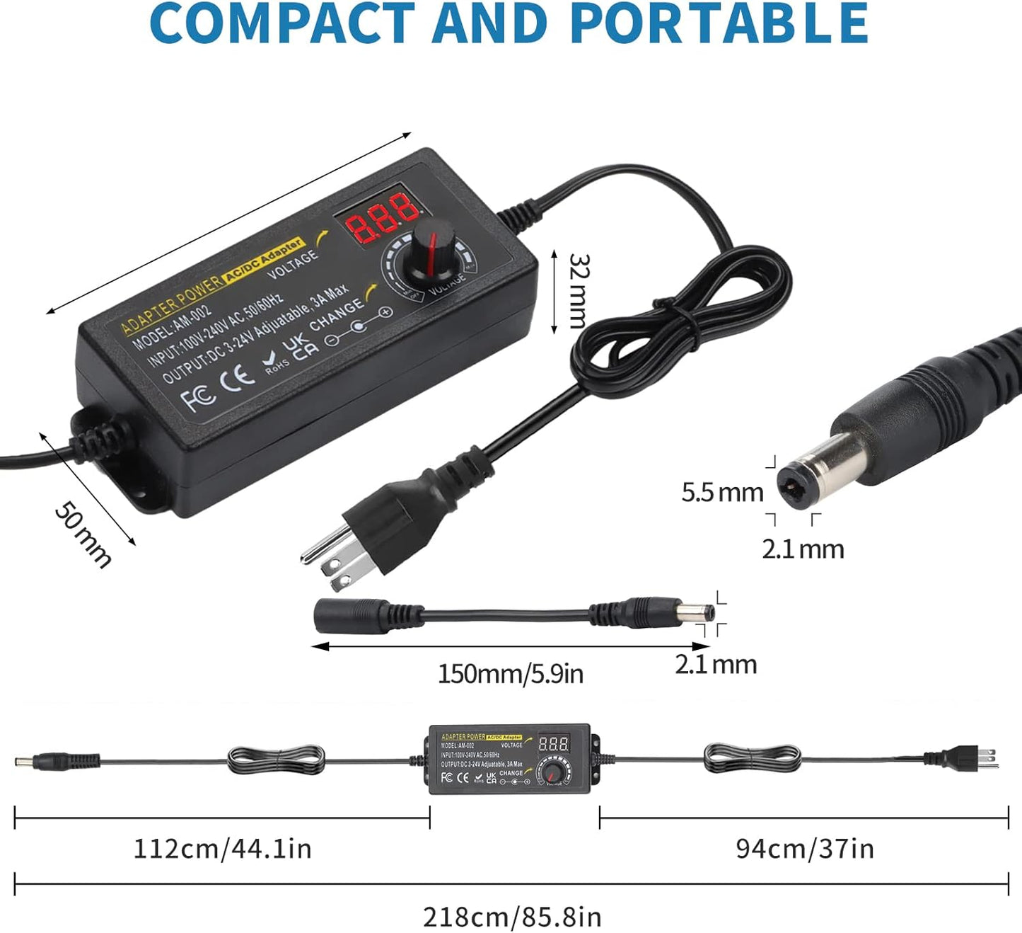 Adjustable Universal Power Supply 3V ~ 24V 3A 72W,100V-240V Switching AC/DC Adapter Converter with 5.5x2.1mm &14 Tips,9V 12V 15V 18V 20V 24V Variable Power Supply for LED Strip Light Printer Speaker