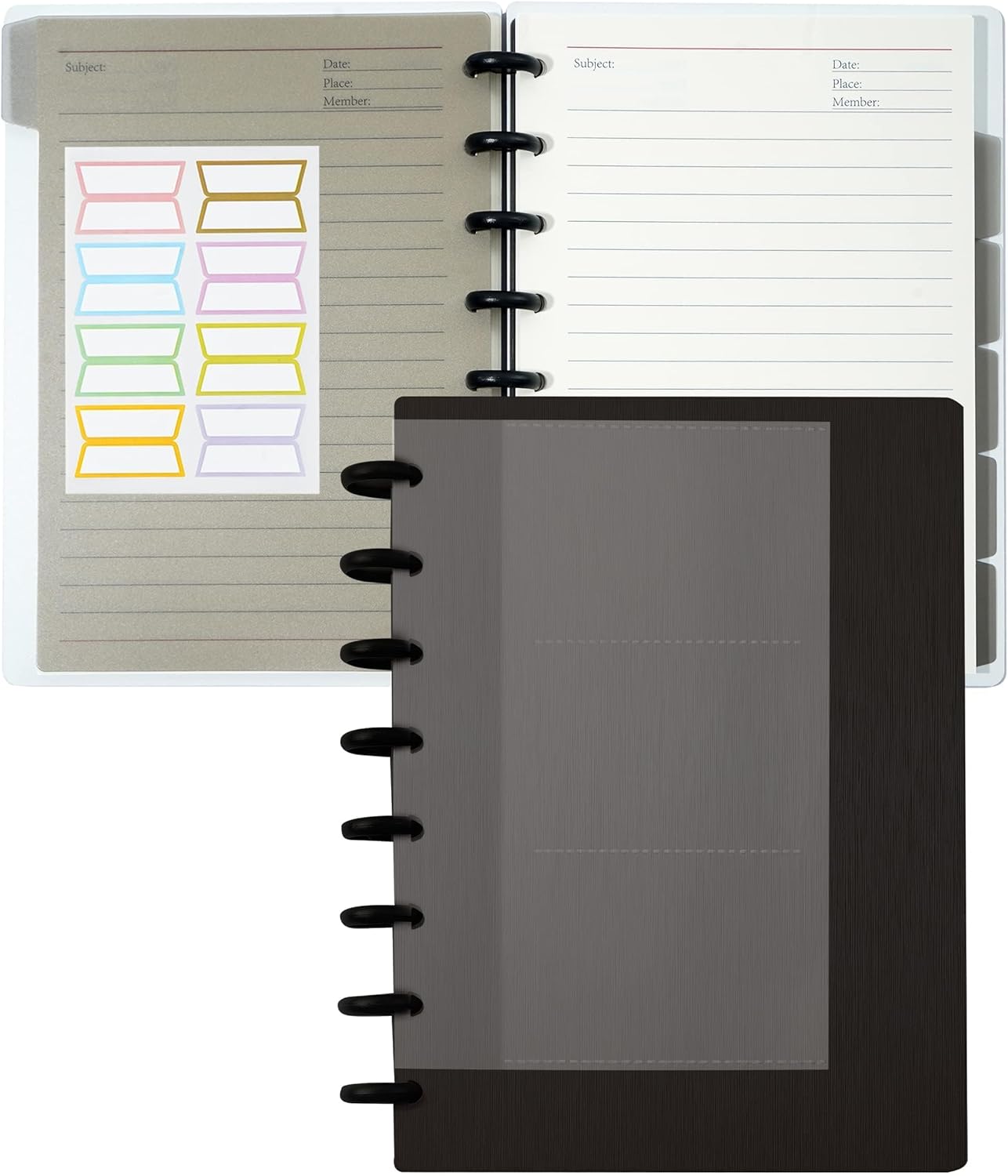 Yoment Discbound Notebook Customizable Spiral Journal Refillable 5 Subject Notebook with Removable Pages 120 Wide Ruled Disc Planner with 6 Binder Dividers & 16 Tabs for Work Meeting School, Black