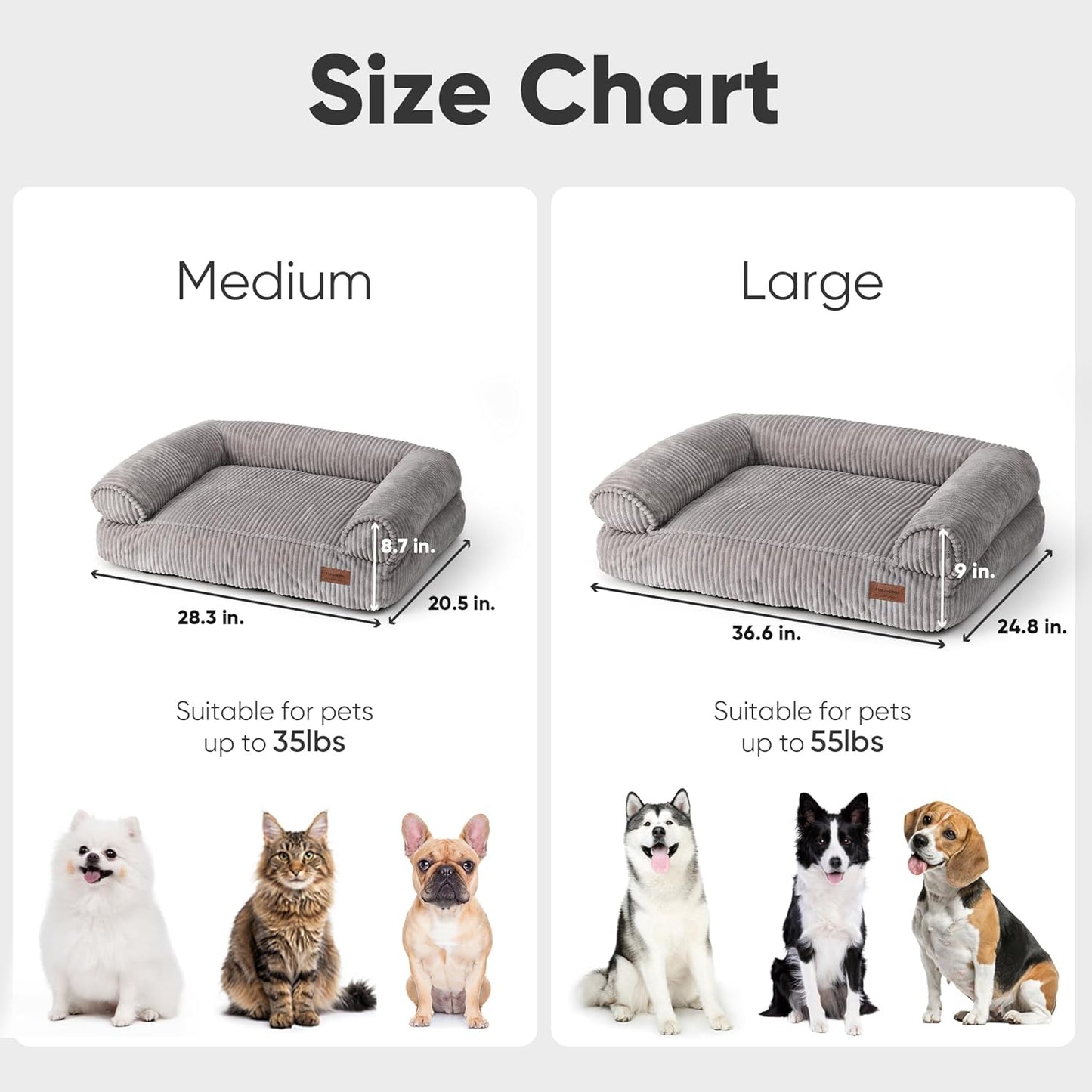 FUKUMARU Cute Dog Bed, Waterproof Corduroy Dogs Couch, 36in Orthopedic Pet Sofa for Medium to Large Dogs Dog, Warm Cotton Pet Bed with Washable Cover, Grey