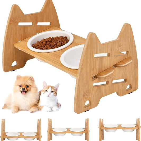 Elevated Dog Bowl Stand with 15° tilt, Adjustable Raised Dog Bowl, Ceramic Bowls, Non-Slip Feet, Foldable Design for Small Dogs and Cats, Slow Feeder Dog Bowls, Better Feeding Posture, Puppy Bowl