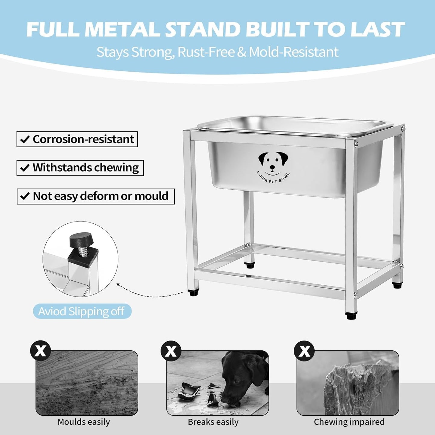 1.25 Gallon Elevated Large Dog Water Bowl, 10.23" Raised Stainless Steel Bowl for Medium Large Breed, Elevated Dog Water Bowl with Full Metal Stand, Easy to Clean and Assemble for Indoor Outdoor