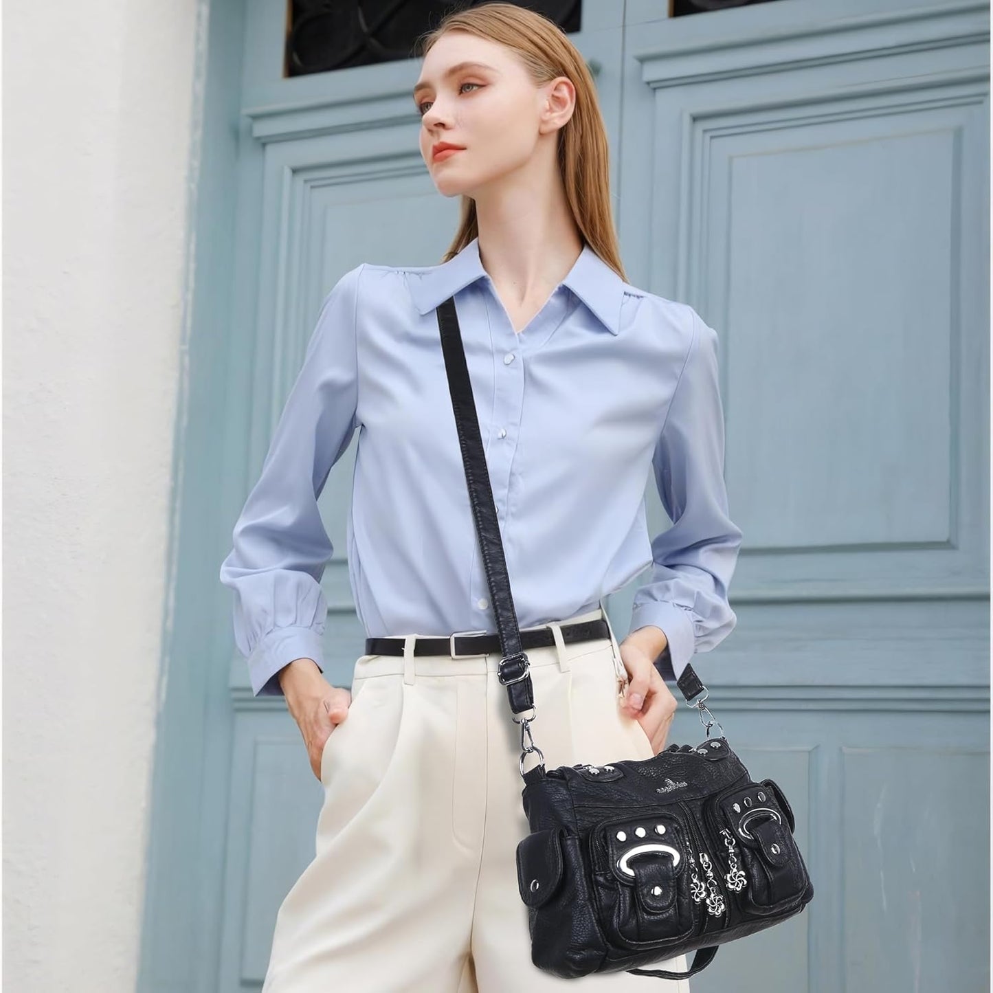 Angel Kiss Small Hobo Purses for Women, Washed Vegan Leather Multi-Pocket Purse, Shoulder Handbag with Adjustable Strap