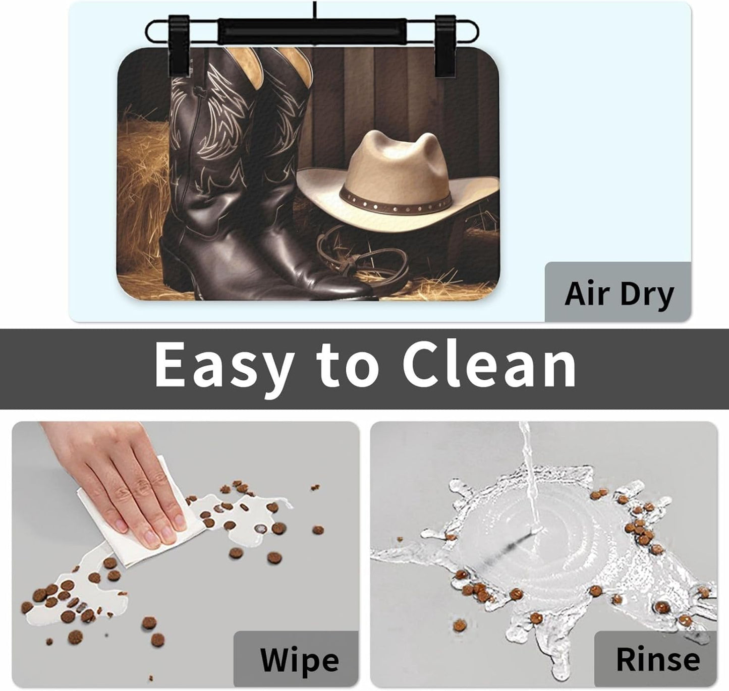 Pet Feeding Mat Leather Dog Food Mat Waterproof Pet Tablecloth Cowboy Black Hat Western Boots Pet Placemat for Dogs Absorbent Dog Bowl Mat Anti-Slip Dogs Mats for Food and Water