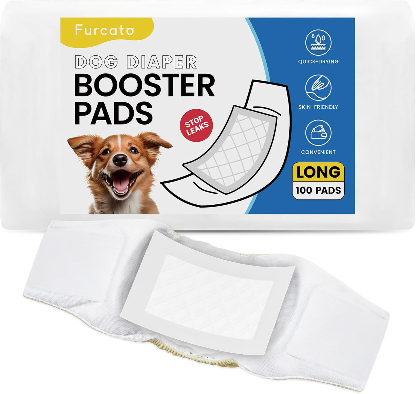 Disposable Dog Diaper Liners Booster Pads for Male & Female Dogs - 100ct | Diaper Inserts fit Most Washable Dog Wraps and Belly Bands,Long