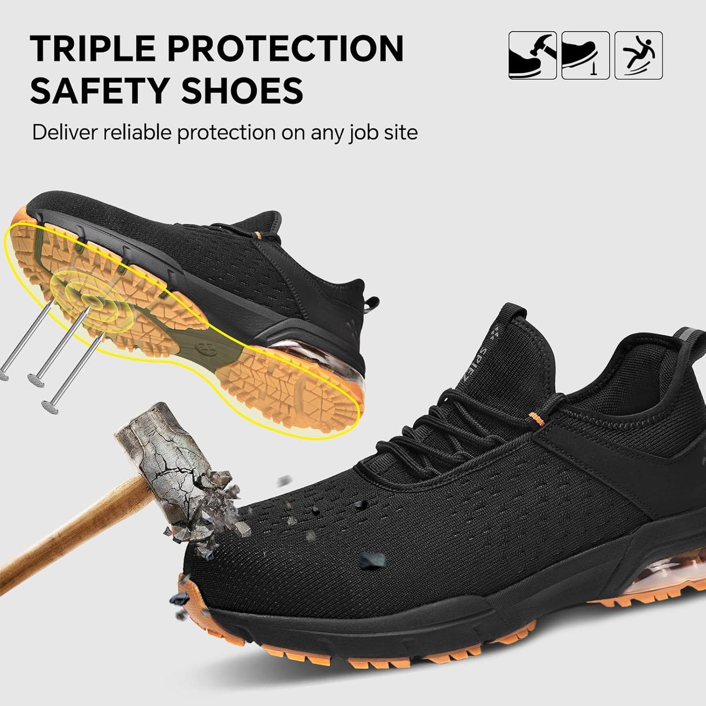 SPIEZ Safety Shoes for Men Women - Air Cushion Non-Steel Composite Toe, Lightweight Fashion Sneaker Design,Slip-On with Adjustable Laces, All-Day Protection, Black Orange US 6-13.5