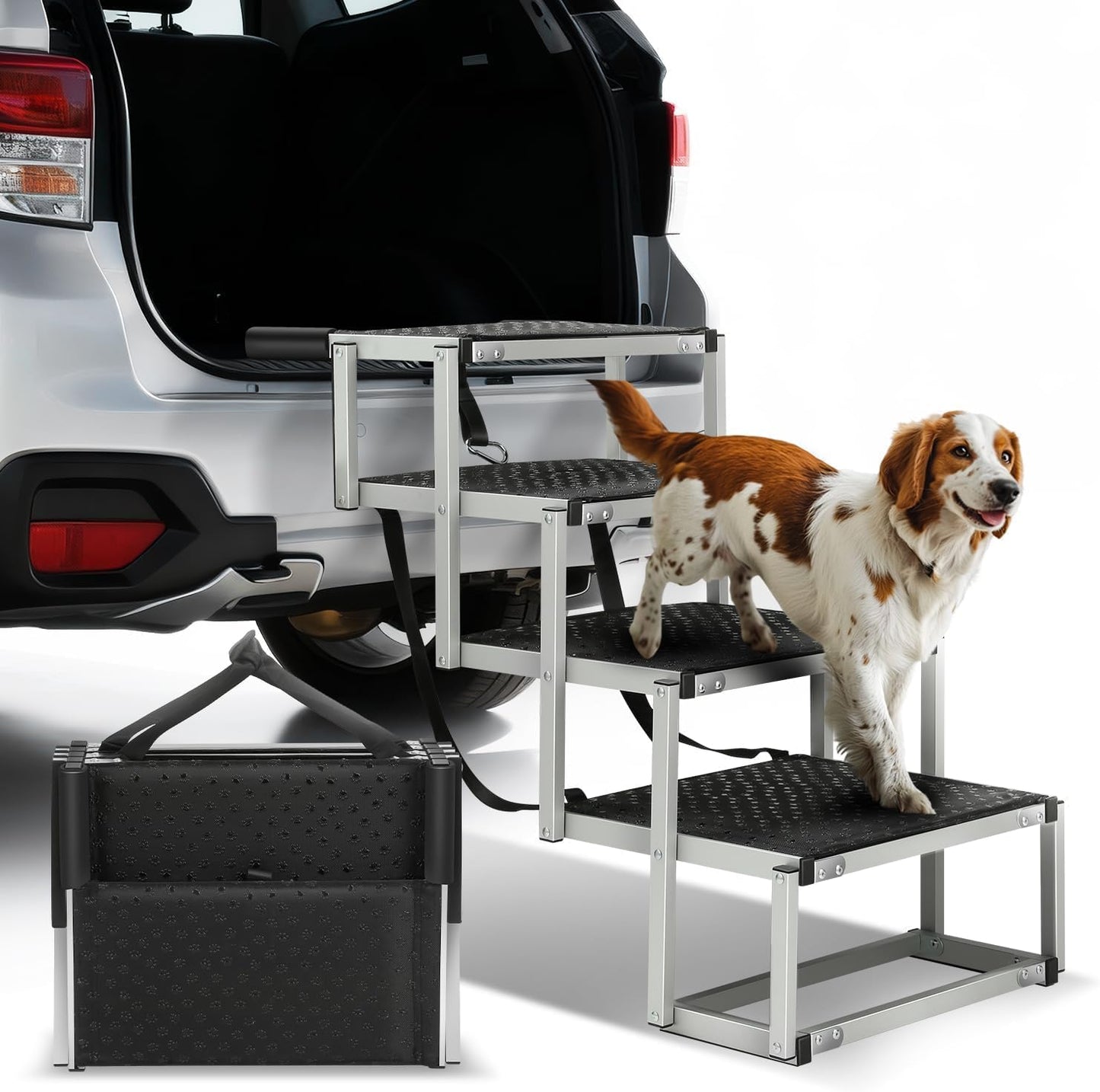 Auto Dynasty Dog Stairs for Car - 4 Steps Wide 31.4in High 25in Foldable Dog Ramp for Car Non-Slip Surface Support up to 150lbs - Suitable for SUV,Truck, Sofas, Bed/Couch