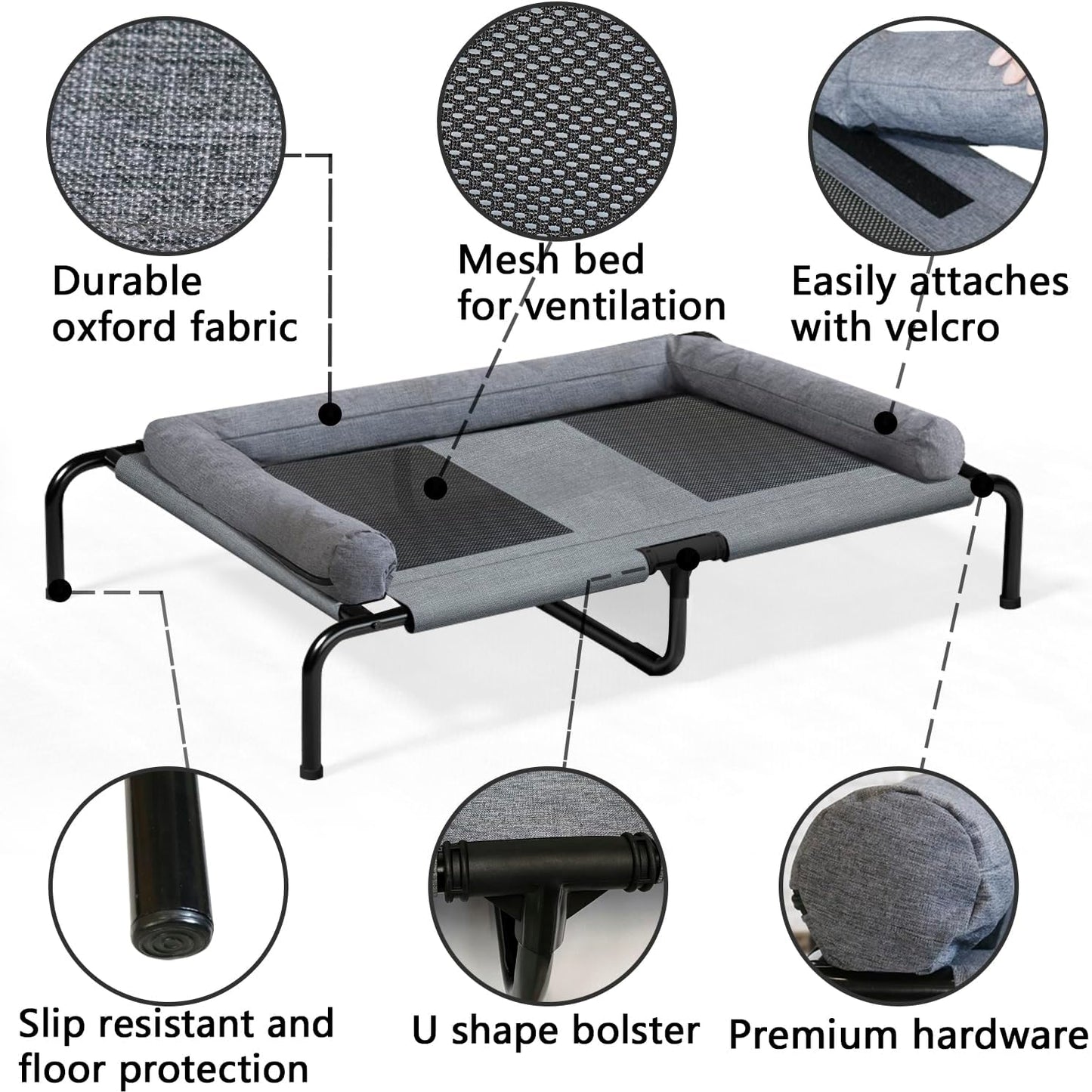 PETIME Cooling Elevated Pet Cushion Bed Raised Dog Cots for Small Dogs, Portable Indoor & Outdoor Pet Hammock, Frame with Breathable Mesh and Removable Bolsters (54 Inch)