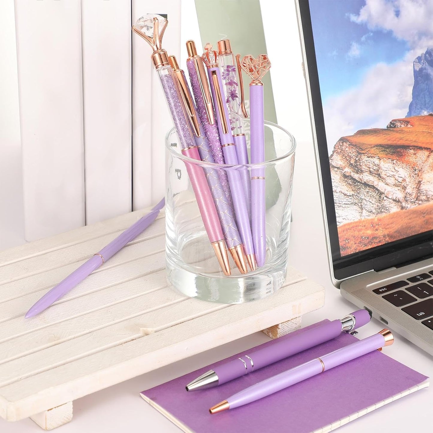 Janmini 9 Pcs Ballpoint Pens Set Metal Crystal Diamond Glitter Pens for Journaling Black Ink Pretty Cute Things Fancy Stationery Gifts for Women Girls Birthday Home Office Desk(Purple)