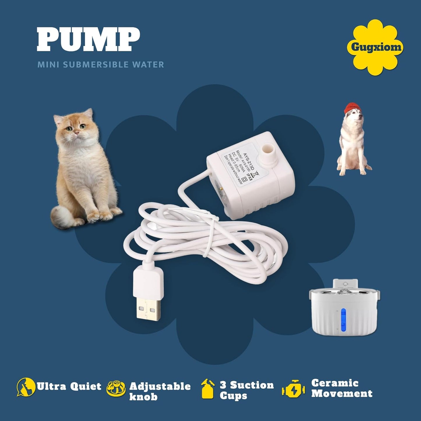 Pet Water Fountain Pump, 5V USB Cat Water Fountain Pump, with Adjustment Knob,DC Brushless Motor,for Pet Fountain,Pond Hydroponics