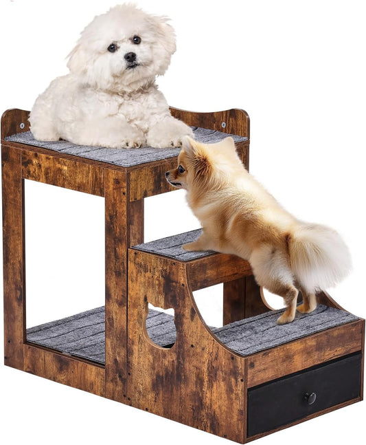 VEVOR Pet Bunk Bed with Removable Stairs, Dog/Cat Window Perch with Storage, Multi-Level Bed Window Perch Dog Bedside Sleeper Couch, Small Pet Seat Platform, Indoor Use (Rustic Brown)