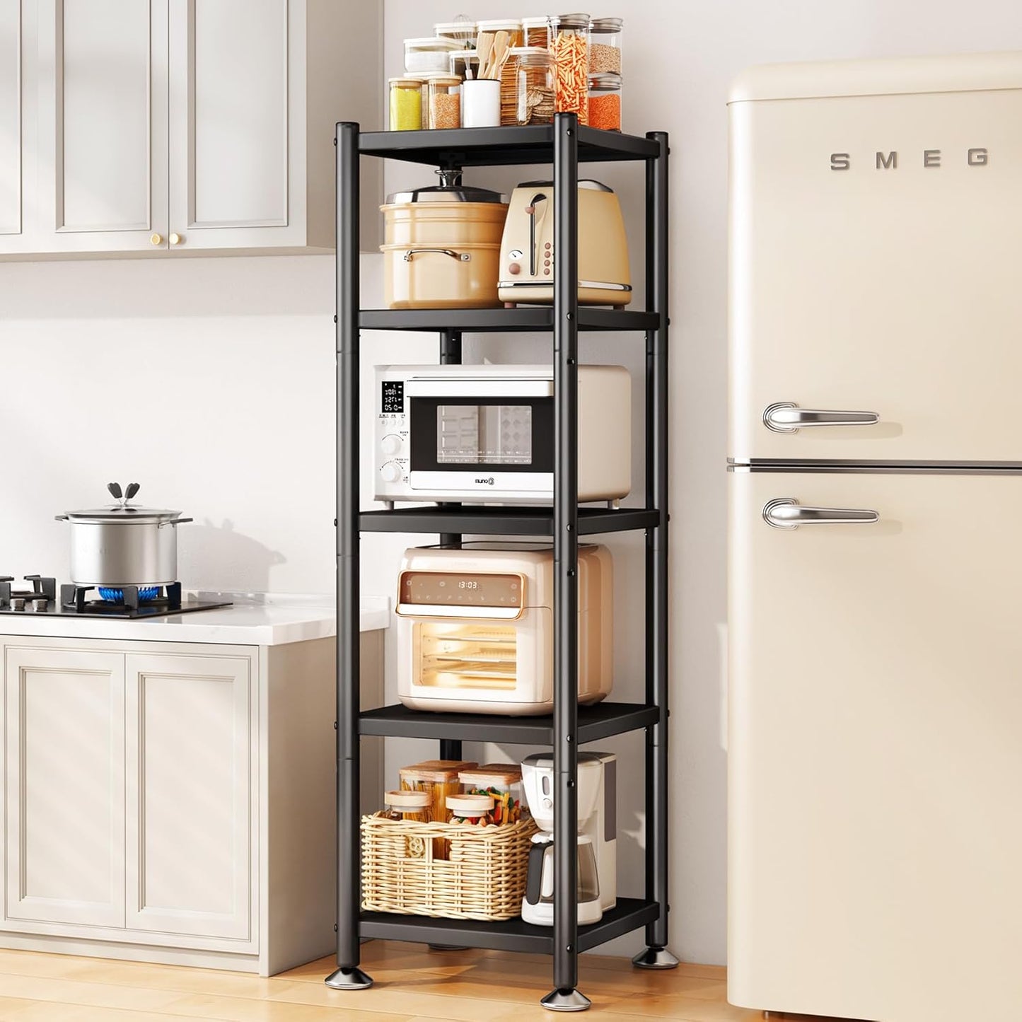 PXRACK 5-Tier Kitchen Storage Shelves, Adjustable Metal Shelves for Storage Pantry Shelves with Rolling Wheels, Storage Rack Shelving Unit Organizer for Bedroom Laundry Closet