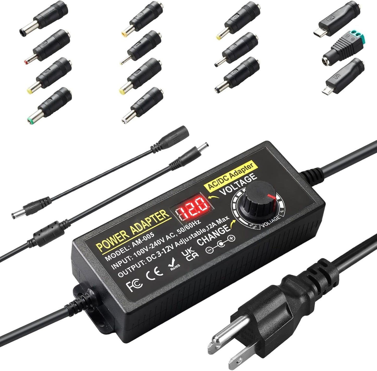 Universal Power Supply Adjustable 3V~12V 12A 144W Variable Switching Power Adapter 100V-240V AC to DC Converter Transformer with 14 Plugs&Polarity Converter,LED Voltage Display3V4V5V6V7V8V9V10V11V12V