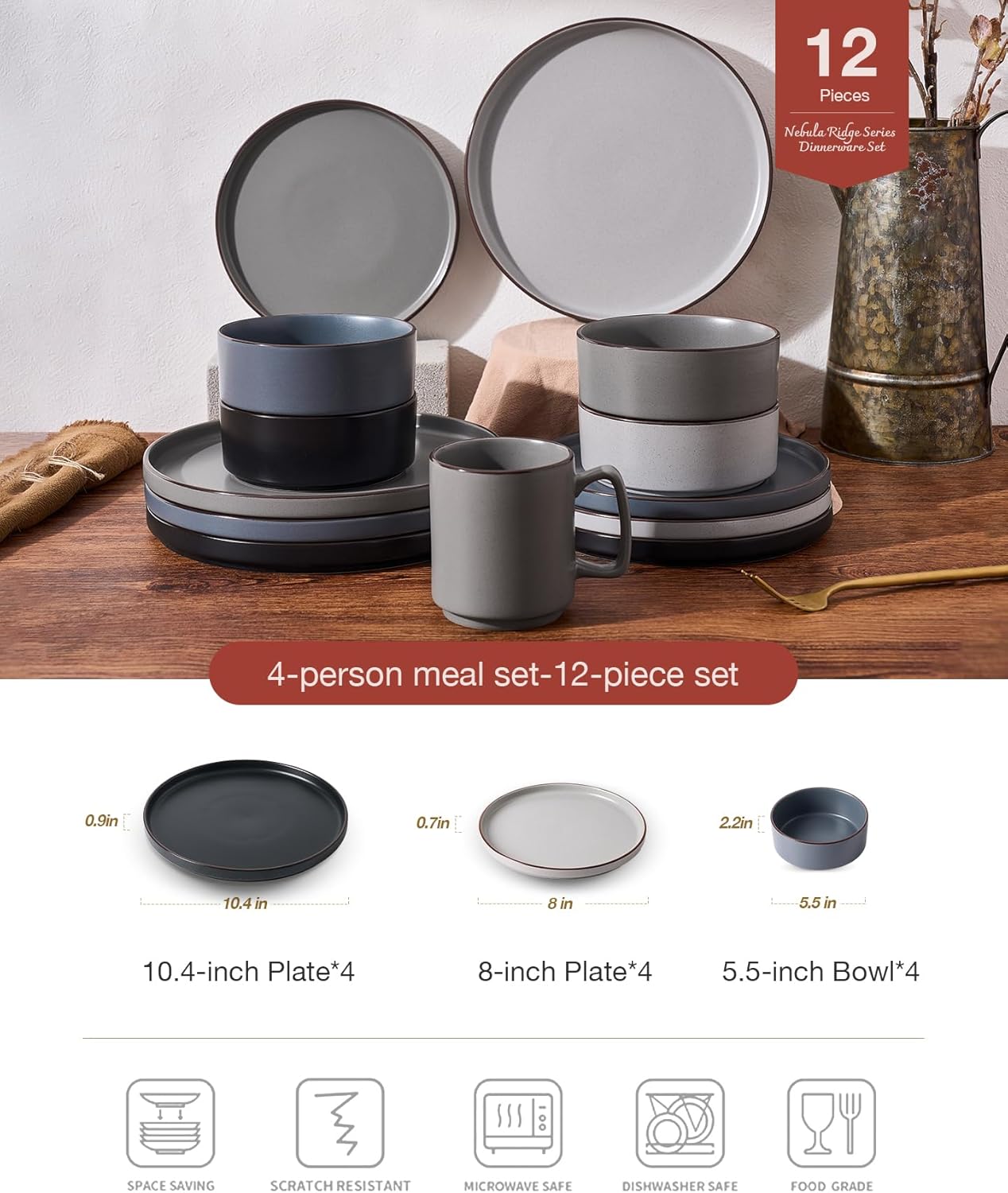 Famiware Nebula Ridge Stoneware Dinnerware Sets, Plates and Bowls Sets for 4, 12 Pieces Dishes Set, Microwave and Dishwasher Safe Kitchen Plates, Multi-color