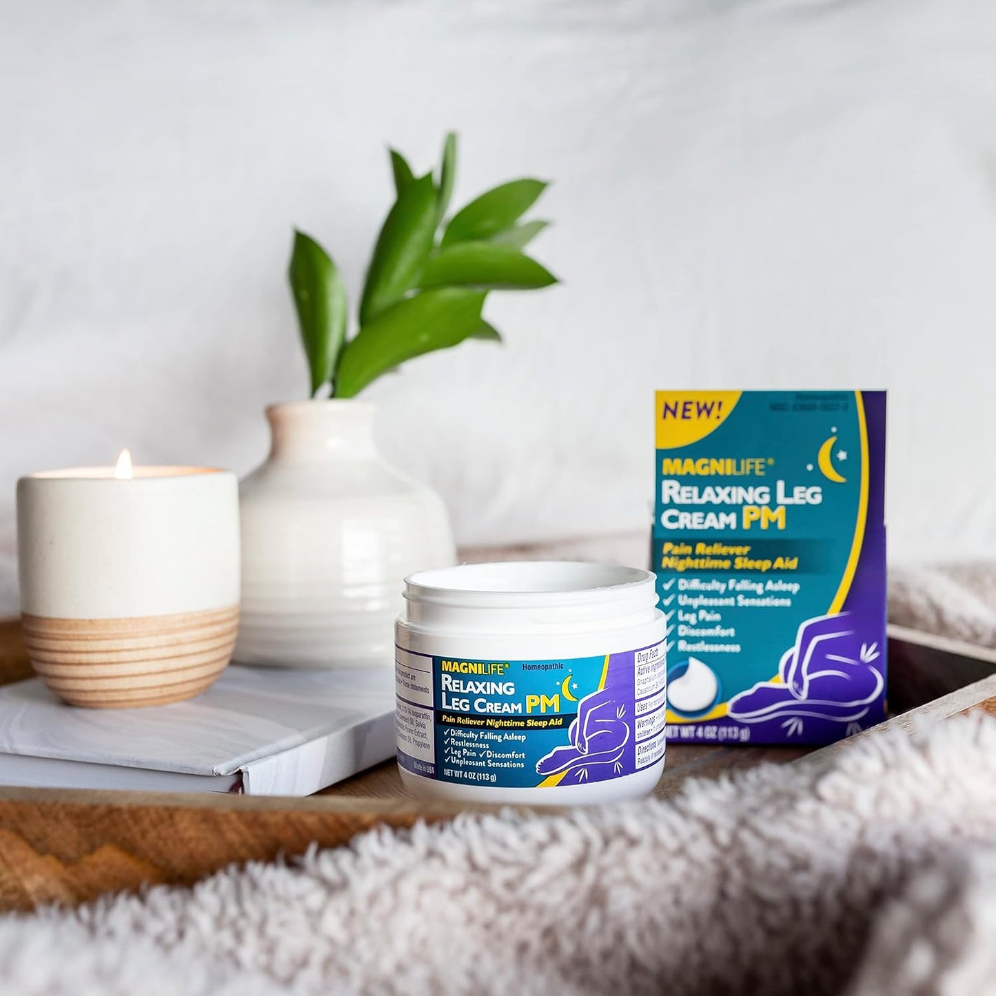 MagniLife Relaxing Leg Cream PM, 4 Oz, Homeopathic Nighttime Pain Reliever & Sleep Aid with Lavender & Magnesium, Non-Greasy Deep Penetrating Cream for Restless Legs & Discomfort