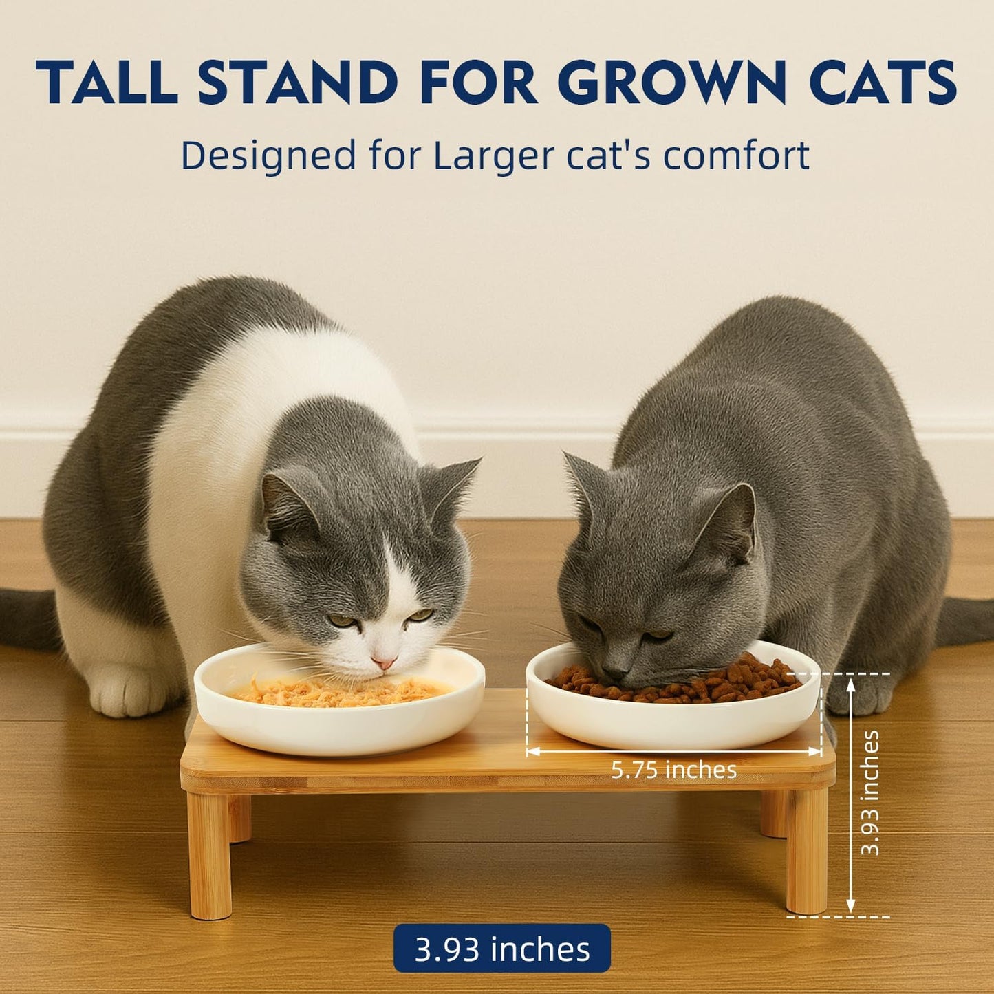 Elevated Cat Bowls for Indoor Cats – Raised Bamboo Cat Food Table with 2 Ceramic Dishes, Adjustable Height (4.25"/3.07"), Whisker Friendly Feeding Station