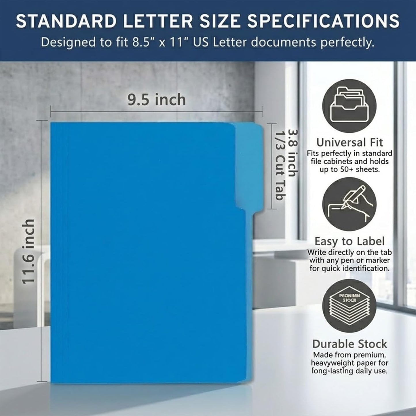 100 Packs Blue File Folder,1/3-Cut Tabs,Heavy Duty Paper File Folders Letter Size,8.5x11 Inch Manilla File Folders for Office Filing,School Projects and Home Document Organizing