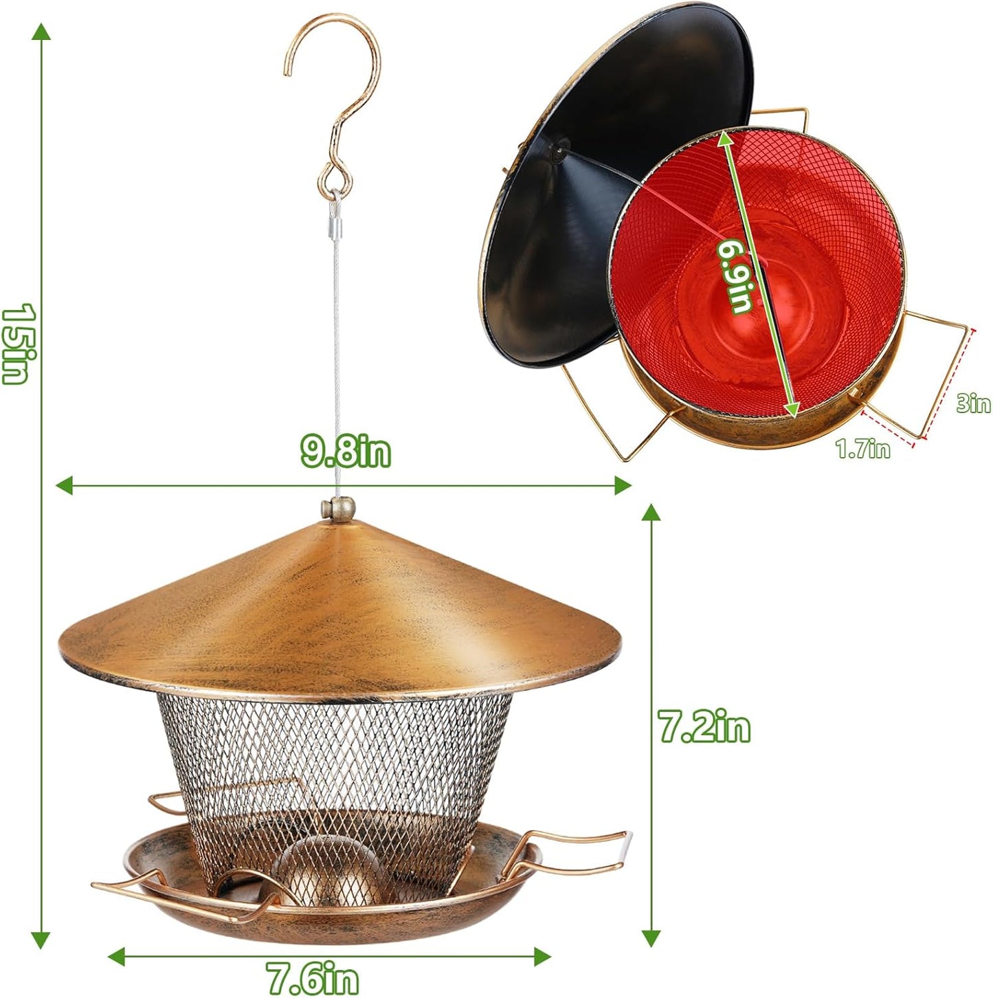 Bird Feeder for Outdoor Hanging, All Metal Weatherproof Wild Bird Feeder with 9.8" Roof, 3.5 LBs Seeds Capacity, Easy to Clean & Refill