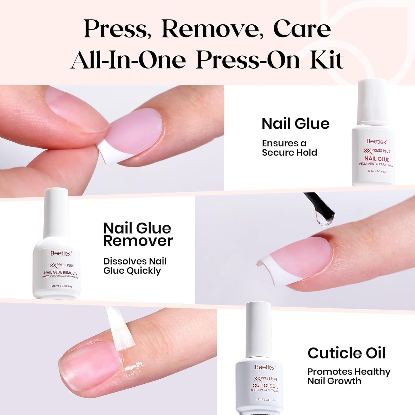 Beetles X Press Plus On Nails Kit-Short Square French Tip Press On Nails Kit with 150Pcs Pink French Nail Tips Nail Glue & Remover Builder Top Coat Nail Lamp,All-in-One DIY Fake Nails Gift for Women