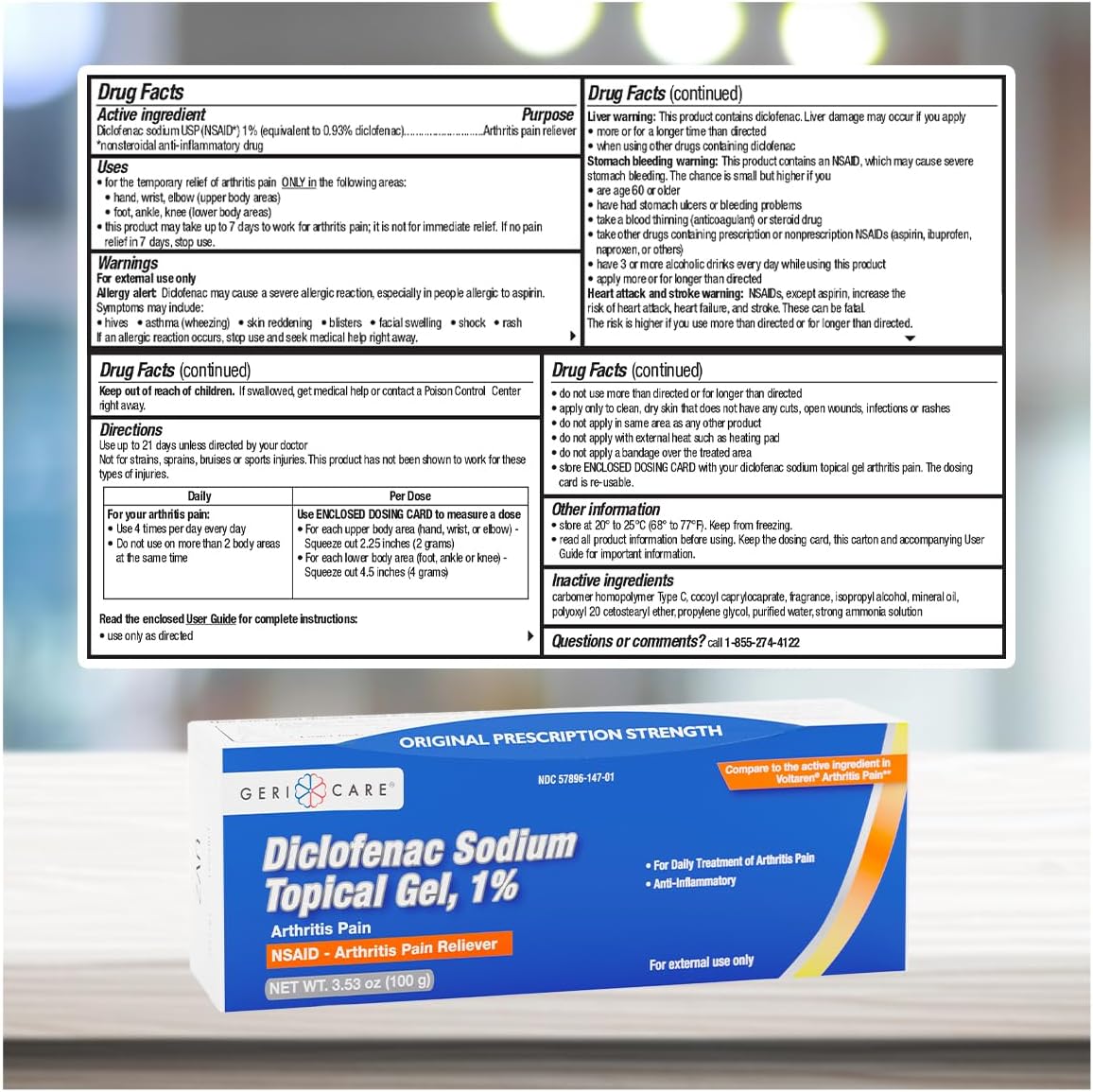 GeriCare Topical Arthritis Pain Relief Gel Diclofenac Sodium 1% (NSAID) Hand Wrist Elbow Foot Ankle Knee Extra-Strength Pain Reliever- Anti-inflammatory Arthritis Pain Treatment, 3.53oz (3 Pack)