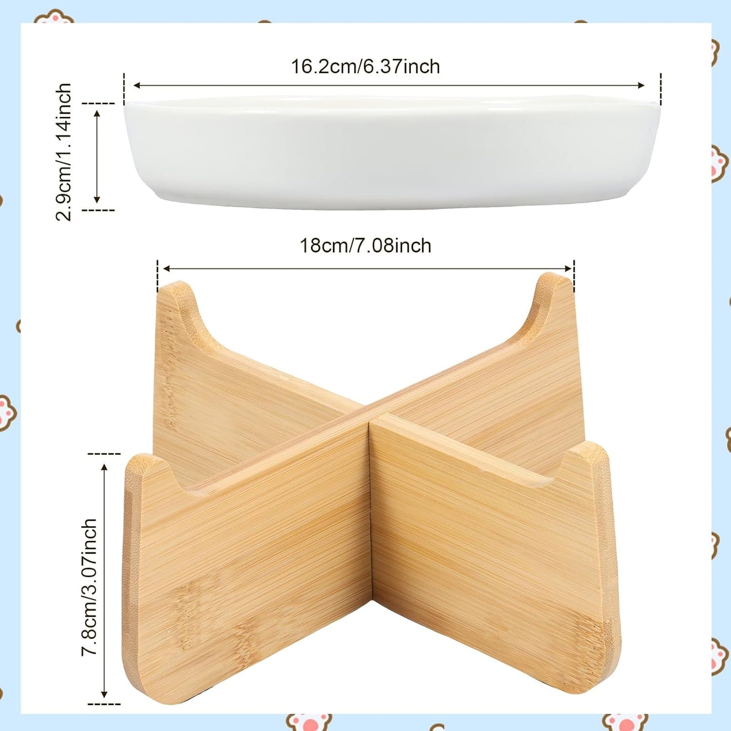 Raised Cat Bowl Elevated Cat Bowls with Wood Stand Ceramic Raised Cat Slow Feeder Bowl 6.4×1.14 Inch Cat Feeding Bowl Anti Vomiting Cat Food Bowl Non-Slip Slow Eating Cat Bowl Cat Dish Feeder