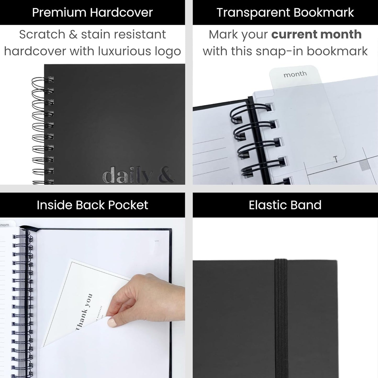 Undated Daily Planner | 2026 Calendar | Large Daily and Monthly Planner with Hourly Schedule, 8.5" x 11" | 6 Month, Full Page a Day, To do List, Time Blocking, Black Aesthetic Hardcover Spiral Notebook