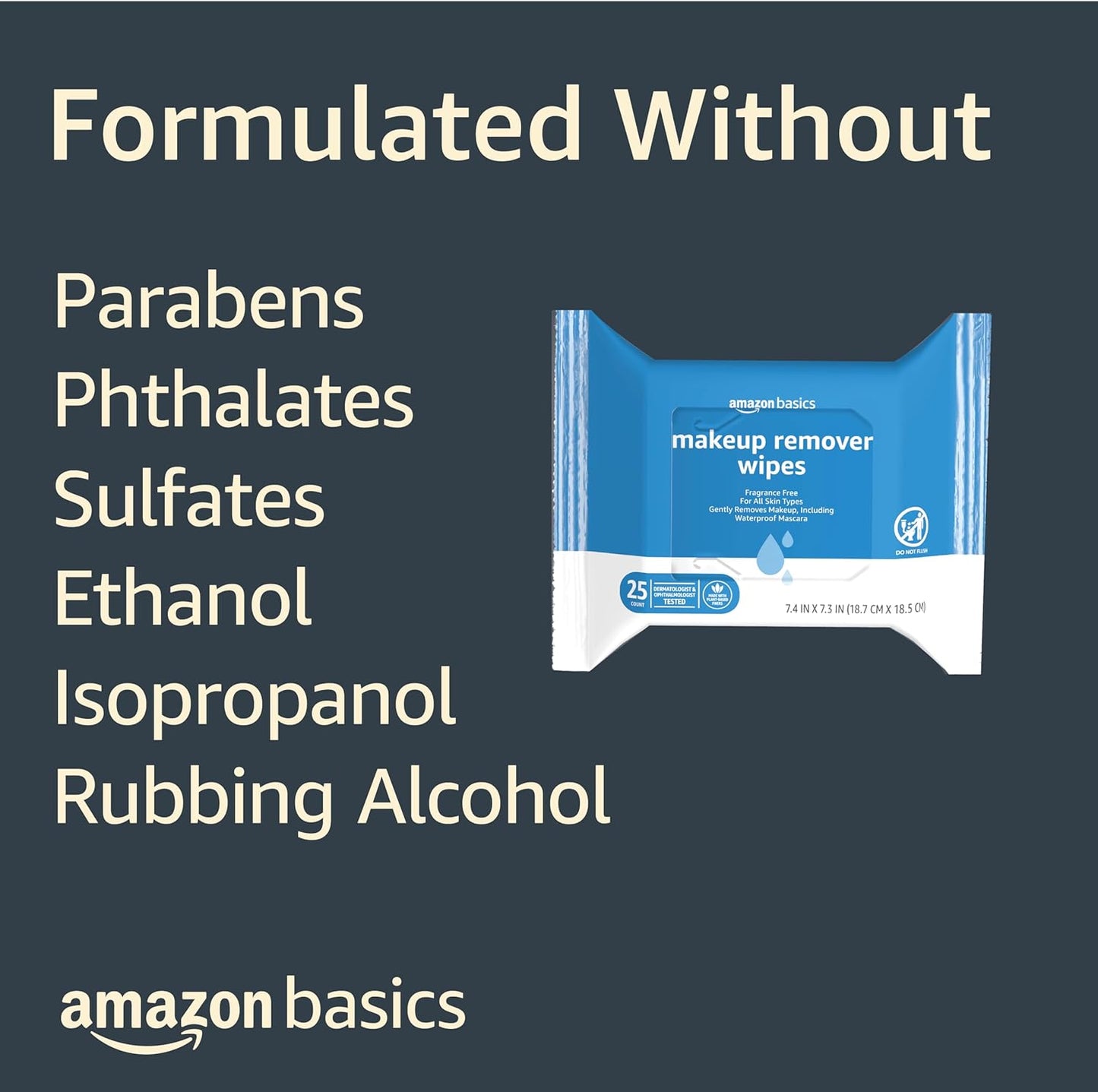 Amazon Basics Makeup Remover Wipes, Formulated without Fragrance and Alcohol-Free, Gentle Cleansing, Removes Waterproof Mascara, Dermatologist Tested, 25 Count, Pack of 6