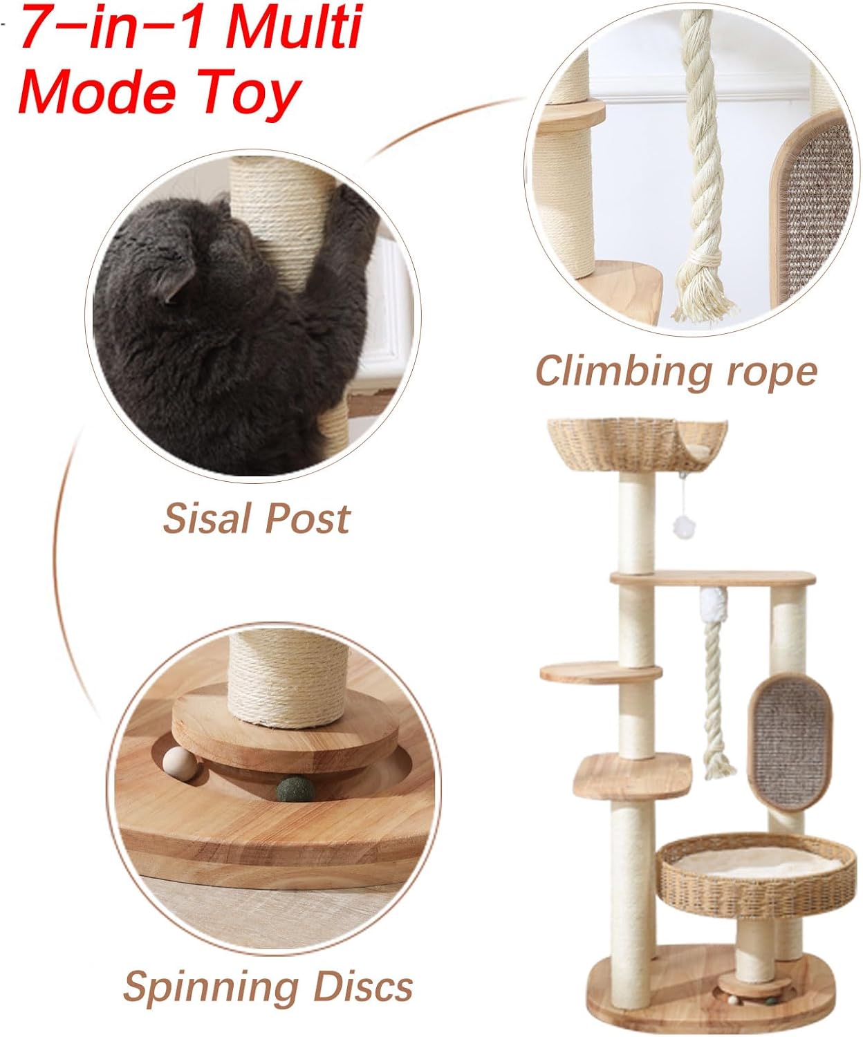 Wooden Cat Tree for Large Cat, 49.6IN Tall Cat Tower with Scratching Post for Indoor Cats, Multi-Level Cat Condo with Hand-Woven Cat Bed and Scratching Board Easy to Clean