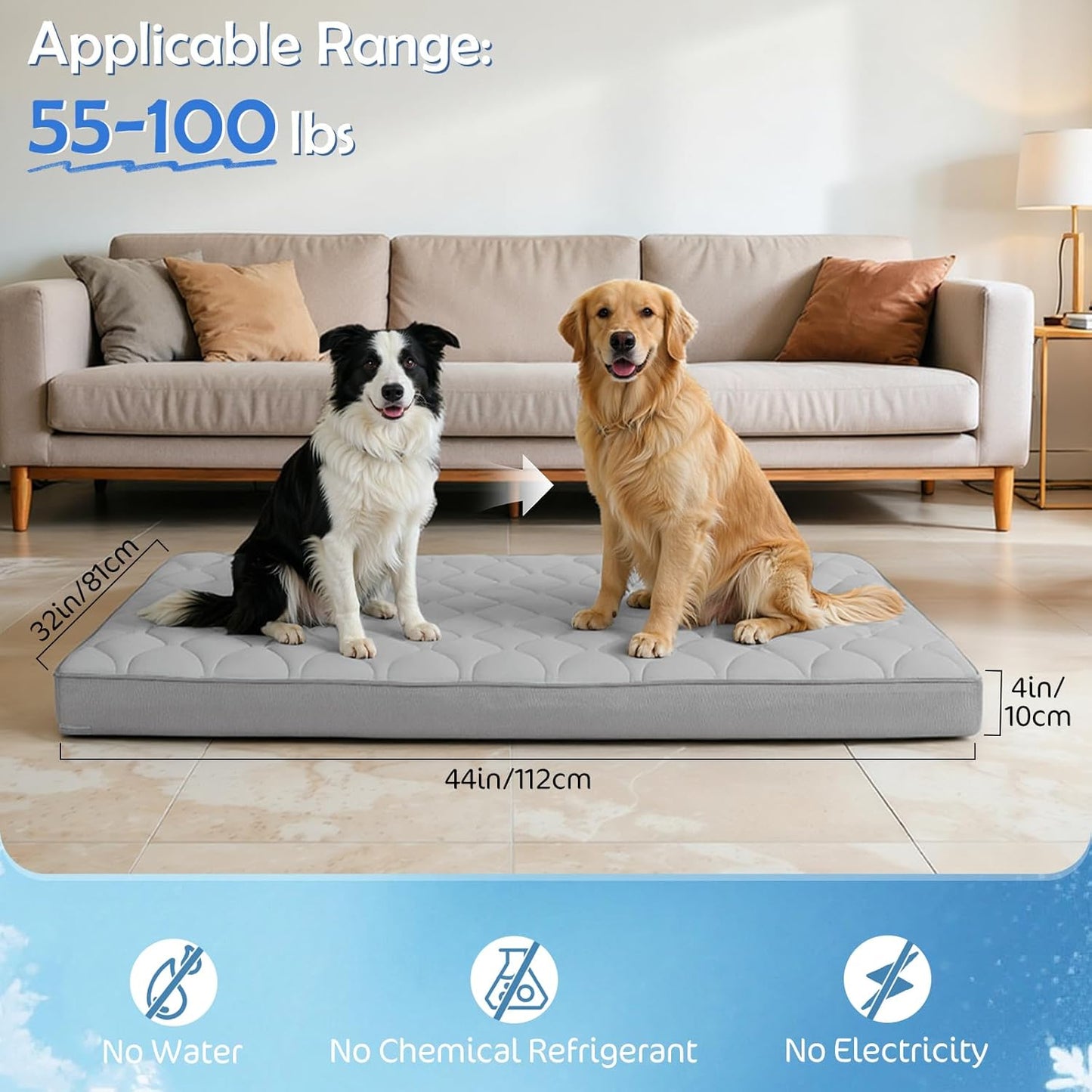 Cooling Dog Bed, 44" x 32" Orthopedic Dog Beds Large Sized, Waterproof Self-Cooling Pet Mat for Summer with Removable Washable Cover, Egg Crate Foam, Anti-Slip Bottom, Non-Gel, Grey