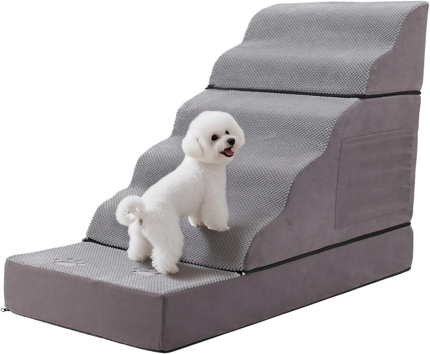 Large Dog Stairs – Extra Large Dog Steps for Bed, Couch & Car, 6-Step Pet Steps for Puppies & Senior Dogs, Pet Stairs with Washable Cover, Side Pockets, Non-Slip Bottom, 43.3" L x 19.7" W Grey