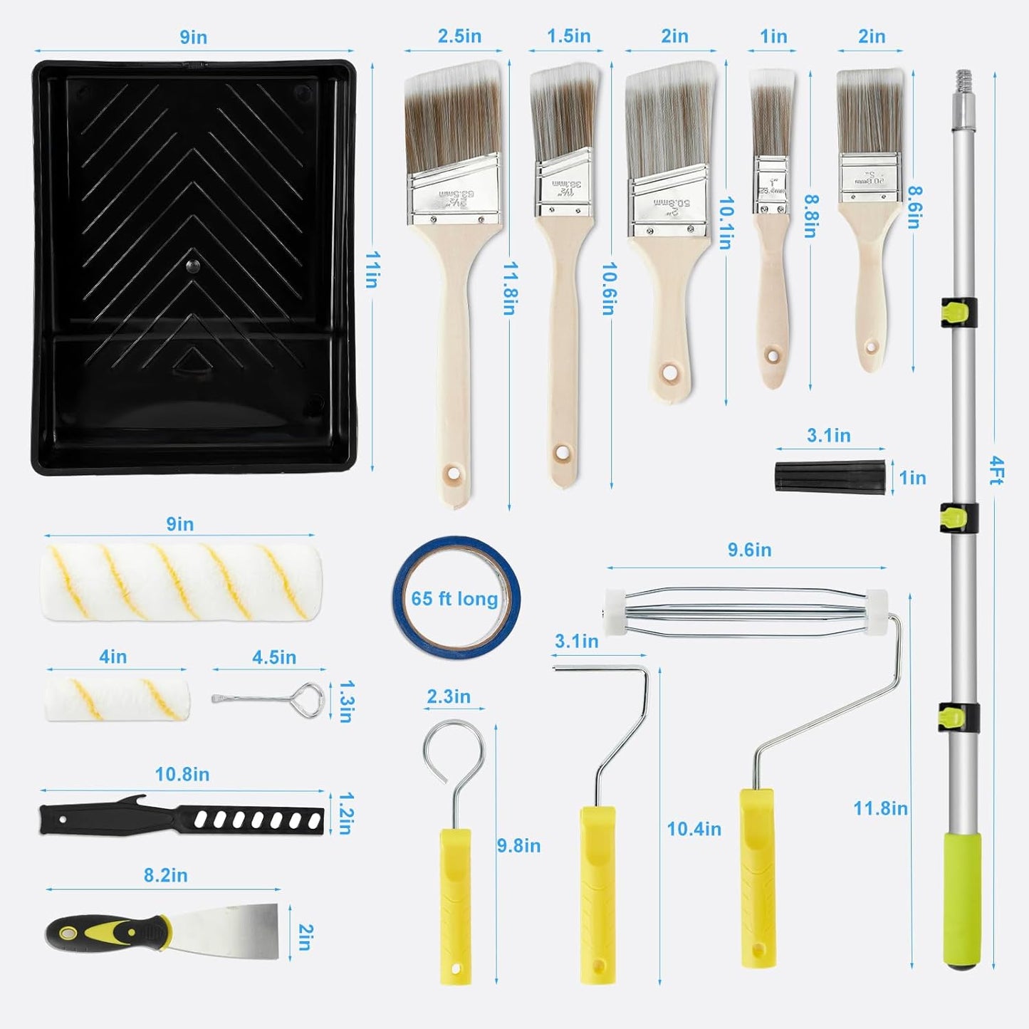 Paint Roller Kit, 29 Pcs Complete Paint Set with 2-4FT Extension Pole, Paint Rollers 9 Inch, 4 Inch Small Paint Rollers, Paint Brushes, Tray, All-in-One Painting Supplies for House Painting