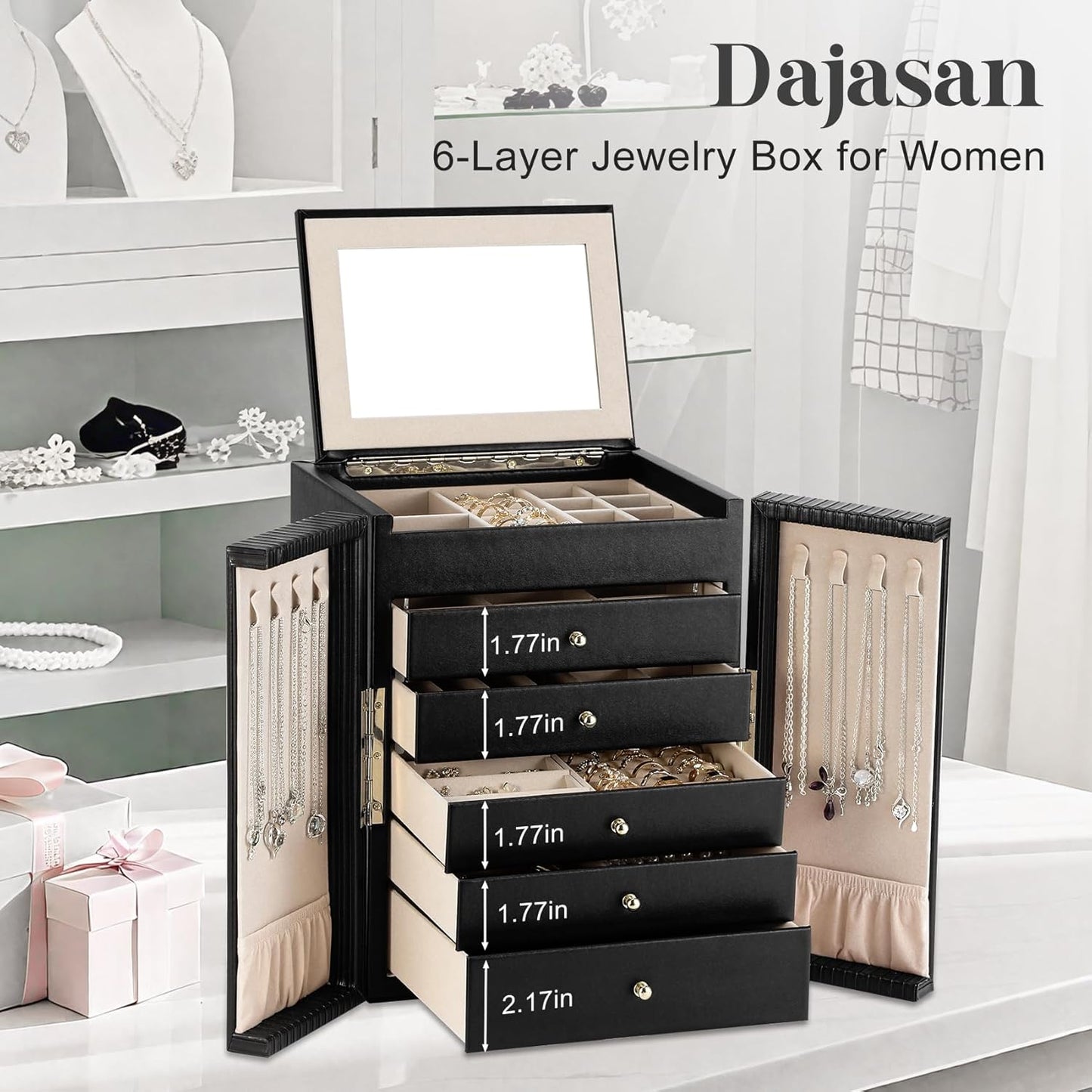 Dajasan Large Jewelry Organizer Box with 5 Drawers, Jewelry Box for Women, 6-Tier Jewelry Storage Organizer with Mirror for Necklace Ring Bracelet Watch, Gift Idea (Black)