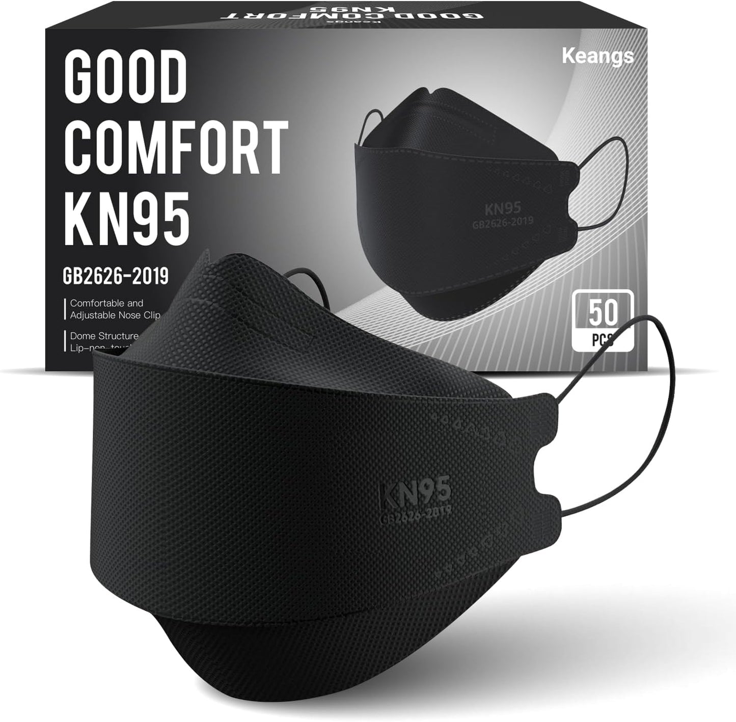Keangs KN95 Face Masks 50 Pack, Soft and Comfortable Disposable Face Masks for Adults And Teens, Black