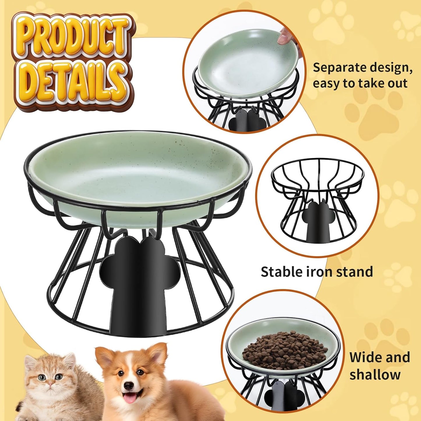 Shallow Cat Dishes with Metal Stand,Elevated Cat Bowl,Ceramic Cat Bowls,Raised Cat Food Bowls,Pet Feeder for Indoor Cats,Kitten and Small Dogs, Dishwasher Safe