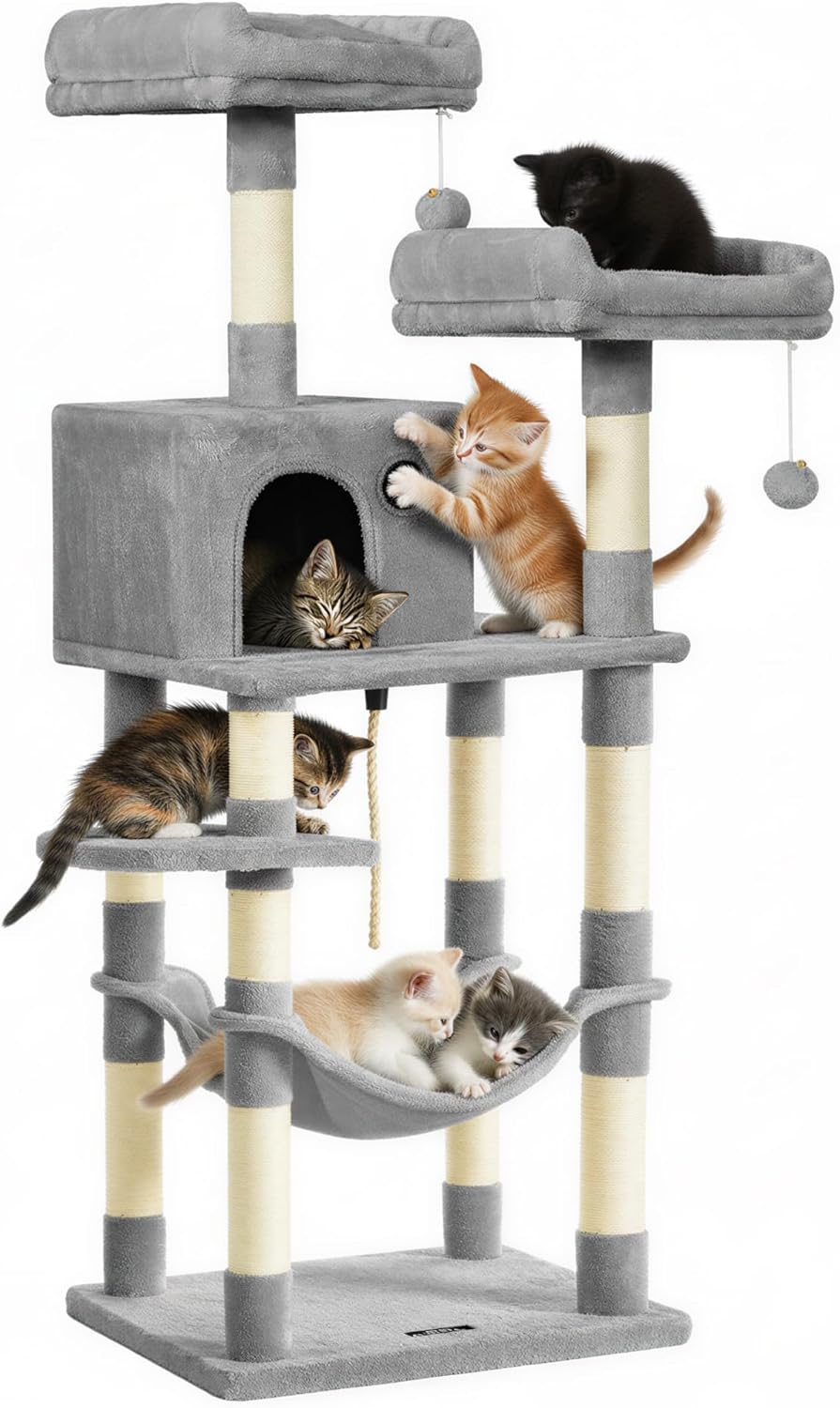 Feandrea Cat Tree, 56.3-Inch Cat Tower, Multi-Level Plush Condo with 11 Scratching Posts, 2 Perches, Hammock, Cave, Light Gray UPCT15W