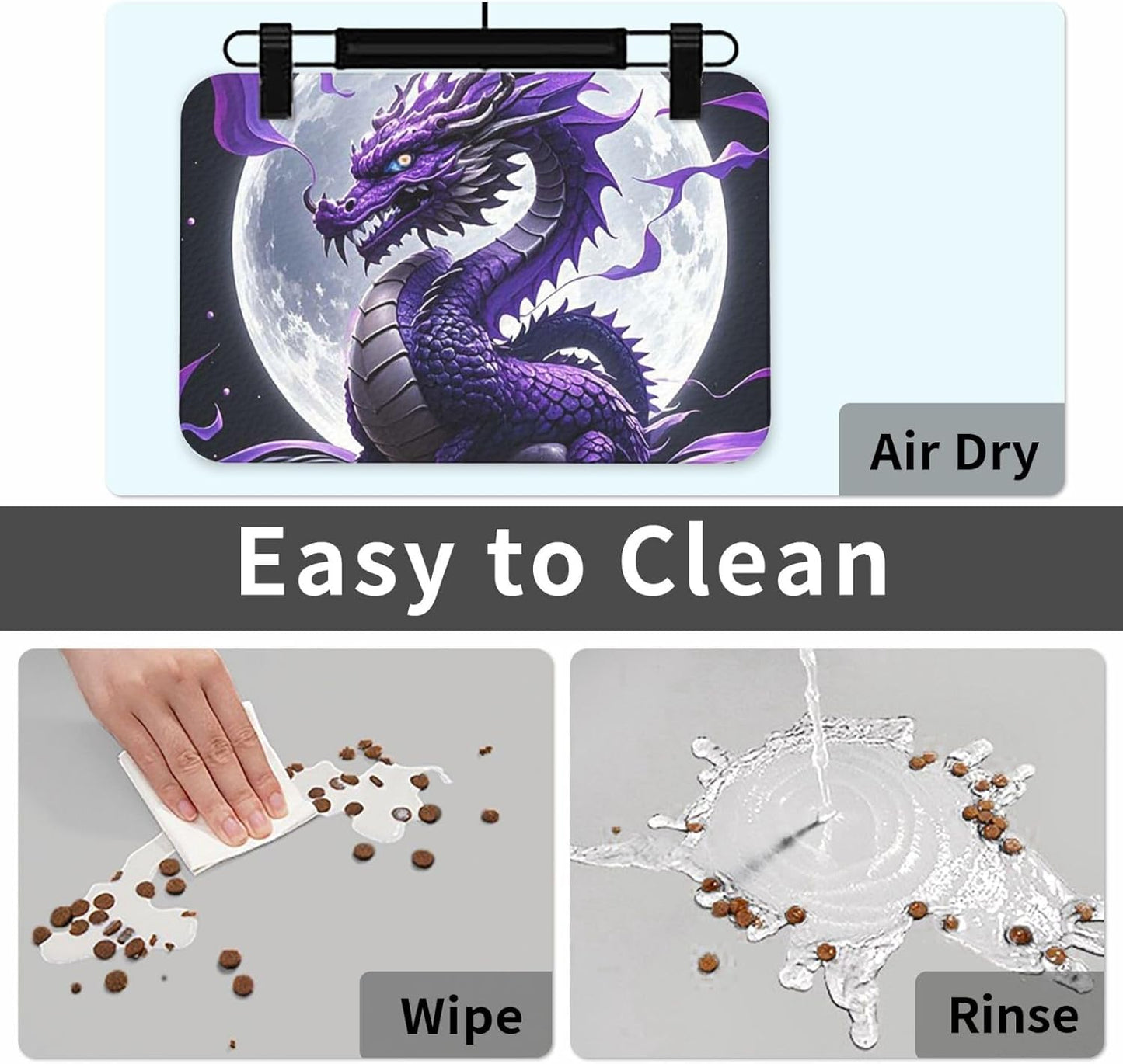 Pet Feeding Mat Leather Dog Food Mat Waterproof Pet Tablecloth Purple Dragon Purple Moon Pet Placemat for Dogs Absorbent Dog Bowl Mat Anti-Slip Dogs Mats for Food and Water