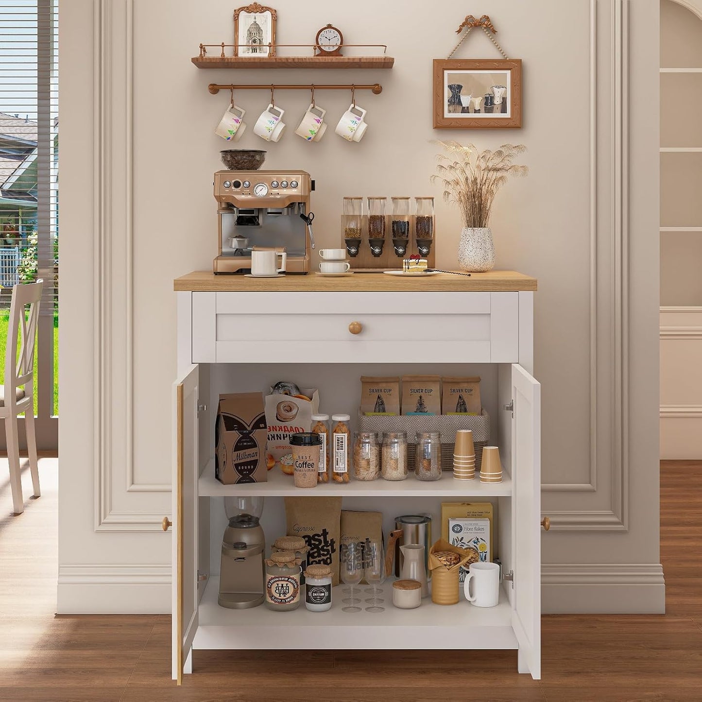 Storage Cabinet,Coffee Bar Cabinet, Kitchen Storage Cabinet, Modern Farmhouse Buffet Sideboard with Drawer, for Kitchen, Dining Room, Entryway（White）