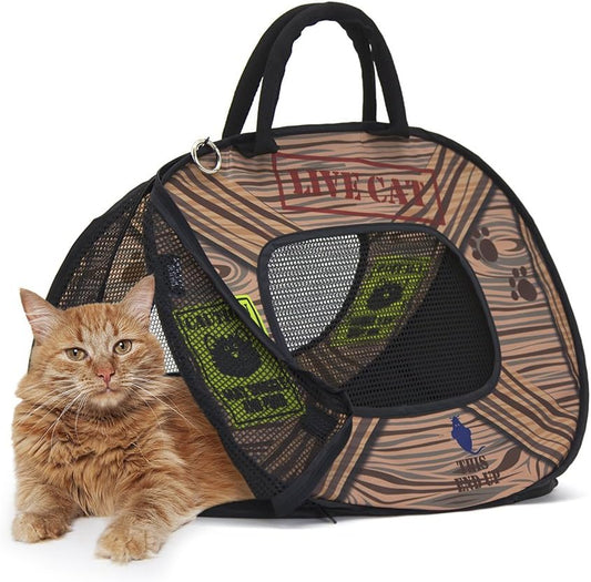 SportPet Designs Pop Open Cat Carrier, Soft-Sided Collapsible Travel Carrier for Cats up to 15 lbs, Lightweight Portable Design with Mesh Ventilation & Secure Zippers, Patterned Live Cat