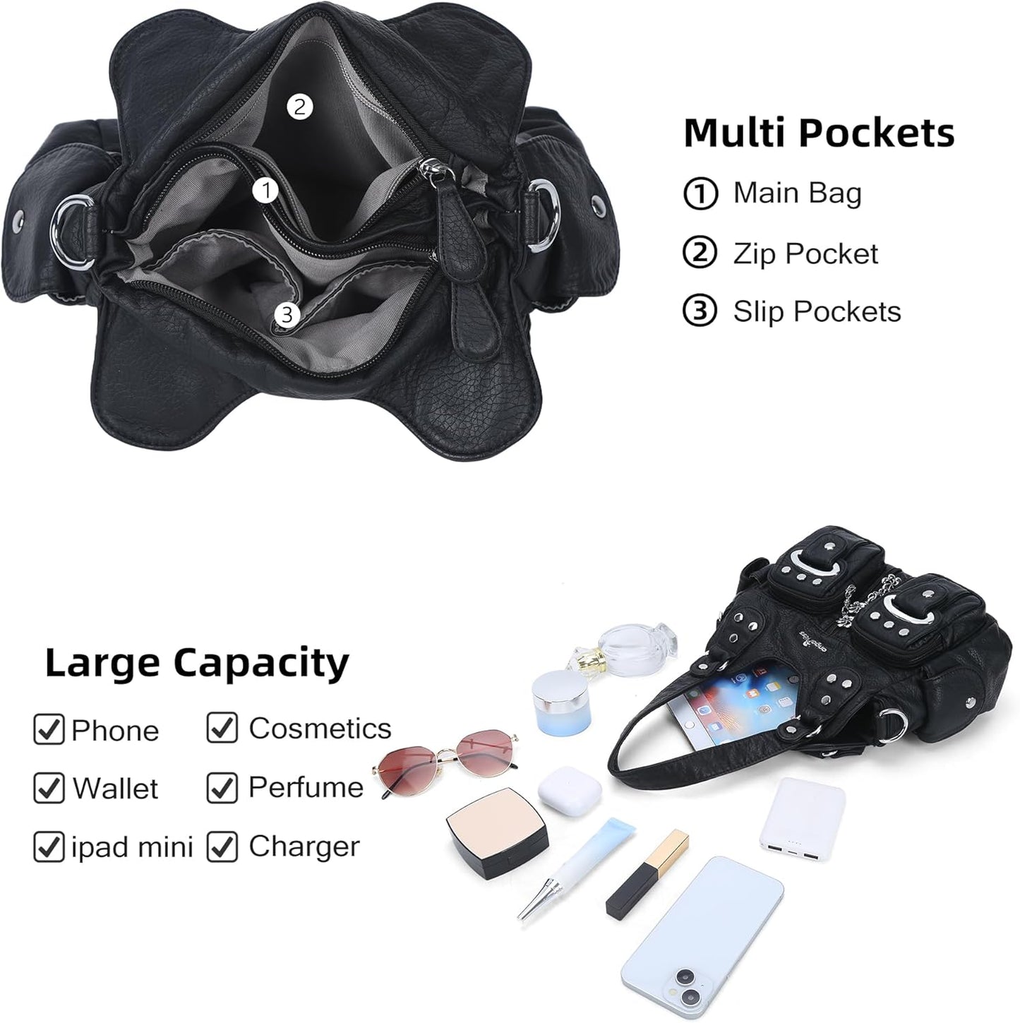 Angel Kiss Small Hobo Purses for Women, Washed Vegan Leather Multi-Pocket Purse, Shoulder Handbag with Adjustable Strap