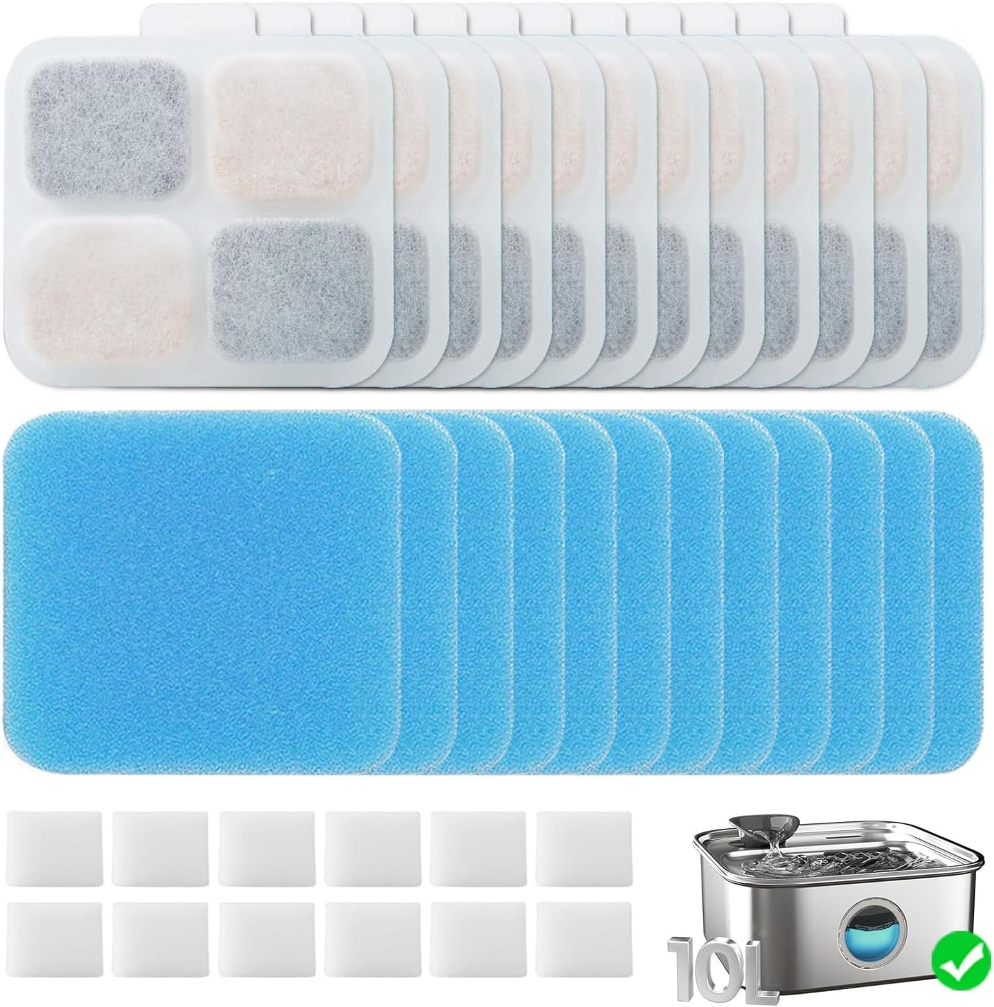 16+16 Pack Replacement Filters for Oneisall PW07SAU 10L/2.64Gal Stainless Steel Dog Water Fountain, Includes 16 Filters & 16 Sponges
