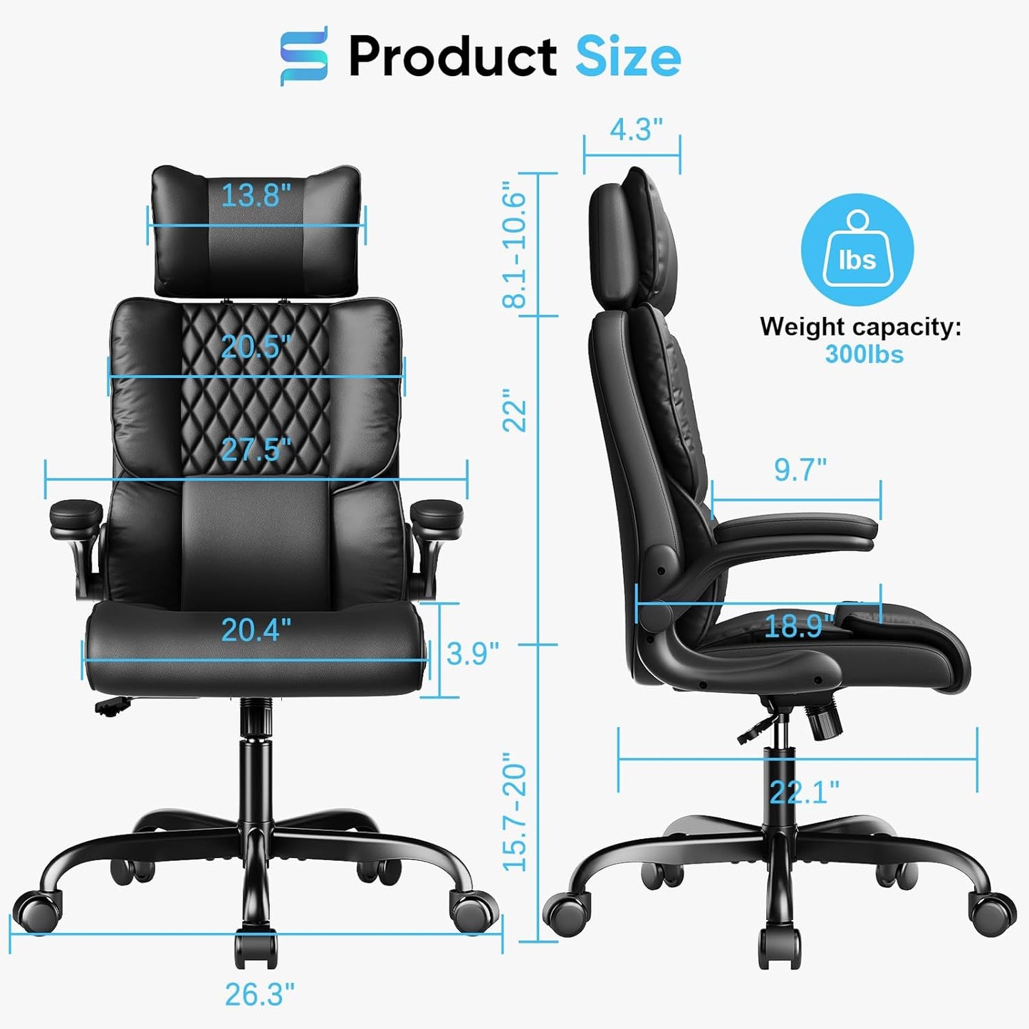 Sytas Executive Office Ergonomic Chair with Adjustable Headrest, PU Leather Desk Chair, High-Back Swivel Task Chair for Home Office, 135° Reclining, Black