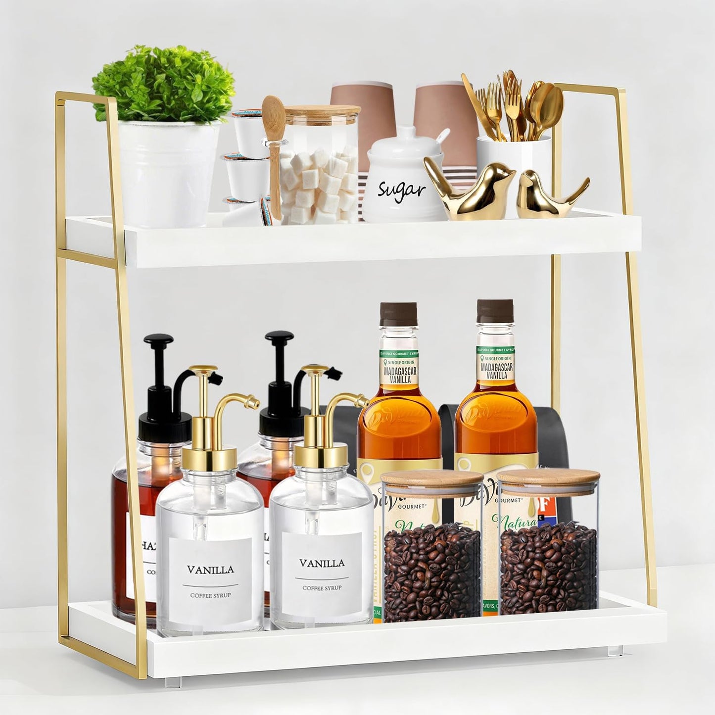 Coffee Bar Organizer for Countertop, Multifunctional Coffee Station Organizer for Accessories Storage, 2 Tier Wooden Shelf for Coffeebar, Countertop, Corner