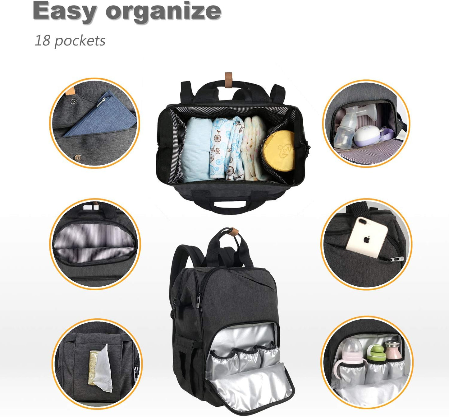 Hap Tim Diaper Bag Backpack,Large Capacity Travel Back Pack Maternity Baby Nappy Changing Bags, Double Compartments with Stroller Straps,Waterproof,Black (US7340-DG)