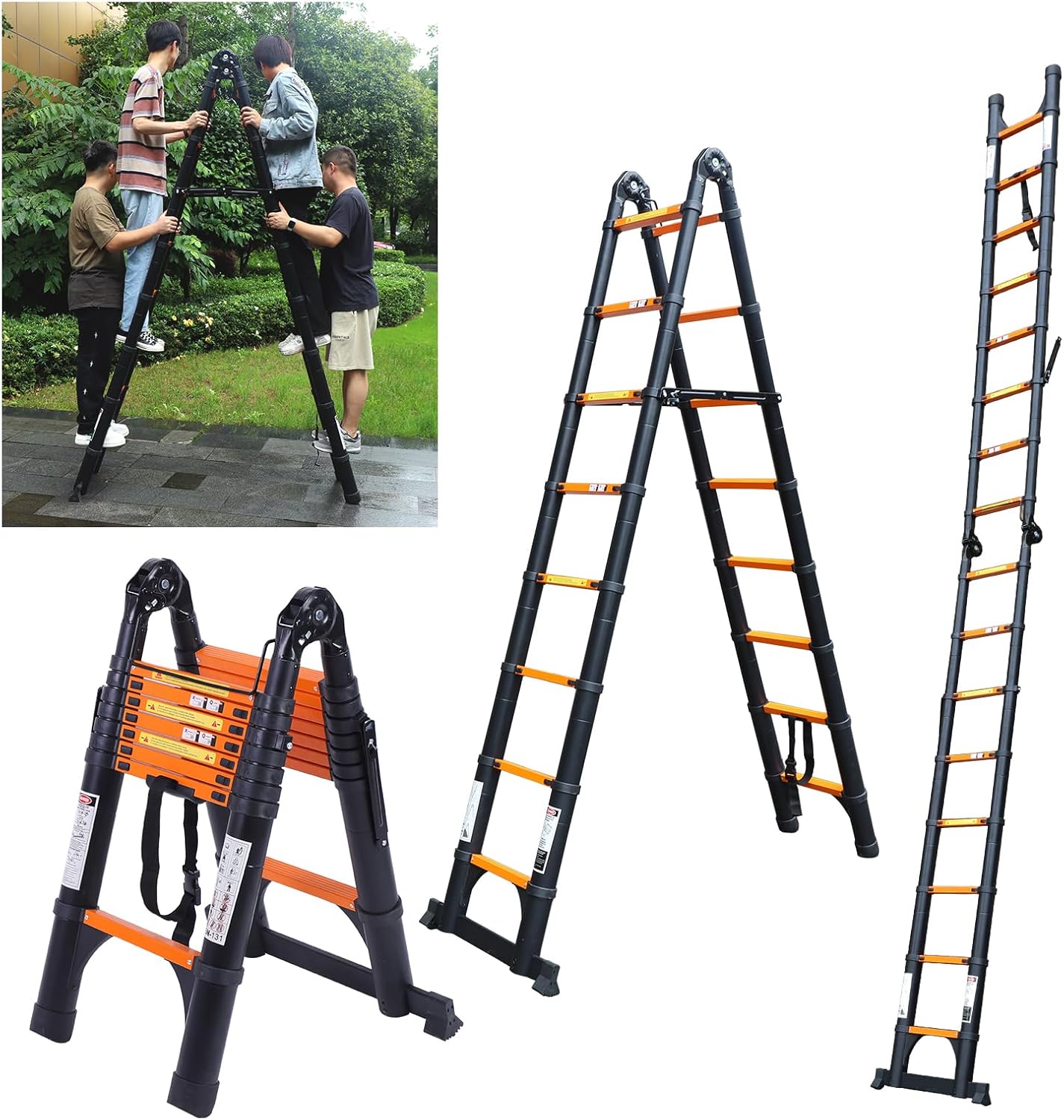 JADDUO Telescoping Ladder A Frame,12.5 Ft Compact Aluminum Extension Ladder,Portable Telescopic RV Ladder for Outdoor Camper Trips Motorhome with Tool Platform and Stabilizer Bar 330 lbs, Black Orange