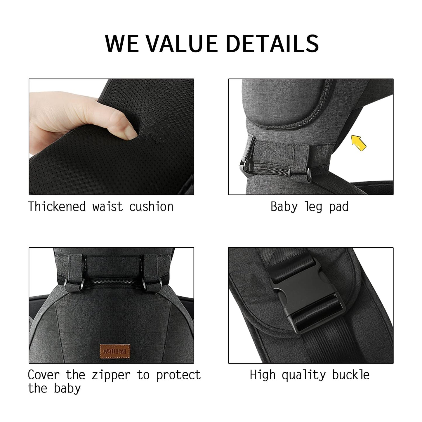Baby Carrier with Hip Seat, Baby Carrier Newborn to Toddler up to 44lbs, 6-in-1 Ways to Carry, All Seasons, Adjustable Baby Holder Carrier for Breastfeeding(Black)