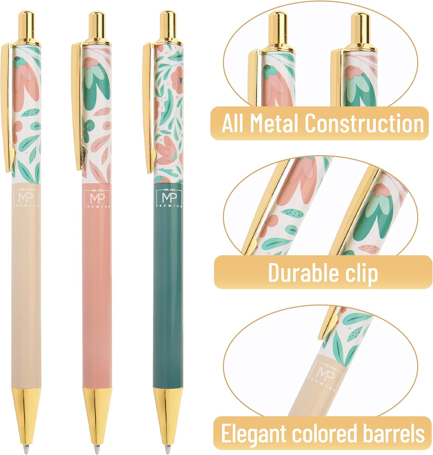 Mr. Pen- Luxury Floral Pen Set, 3 pcs, Black Ink Ballpoint Pens, Floral Pen, Fancy Pens for Women, Cute Pens for Journaling, Mother's Day