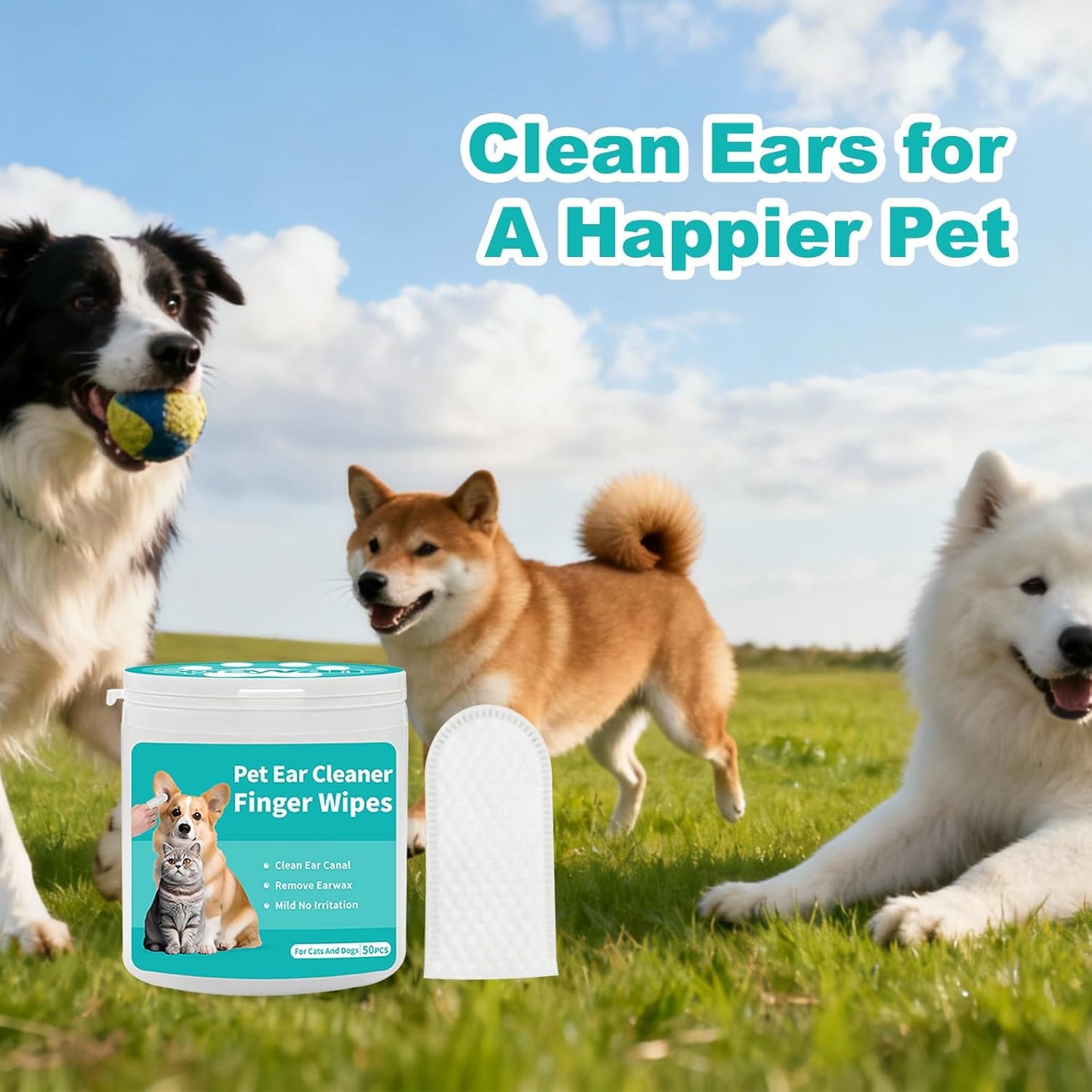 Dog & Cat Ear Cleaning Wipes – Finger-Sleeve Design for Gentle Cleaning | Removes Ear Wax, Dirt, and Debris | 50 Count Pet Grooming Wipes